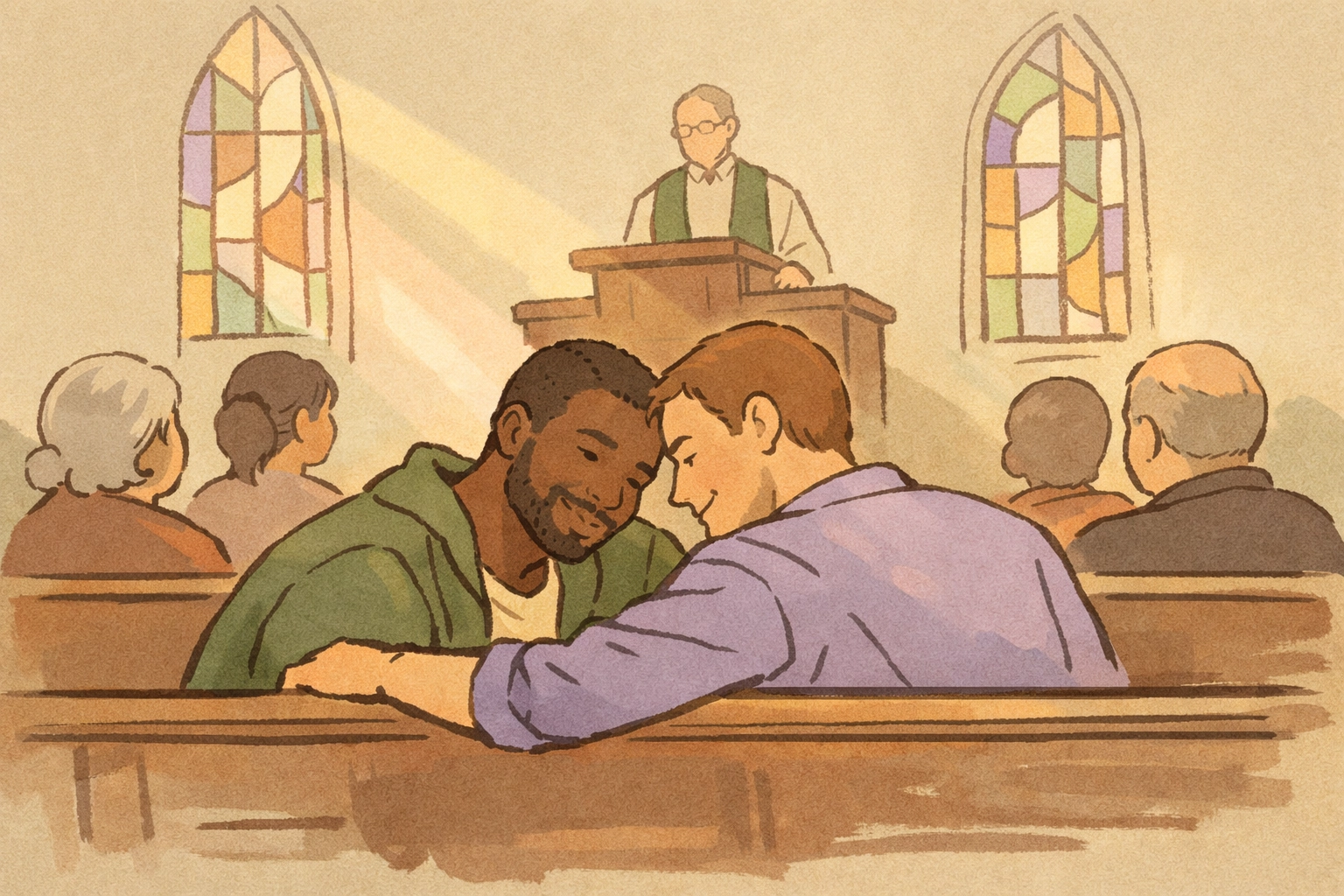 Gay couple worshiping together in affirming church community service
