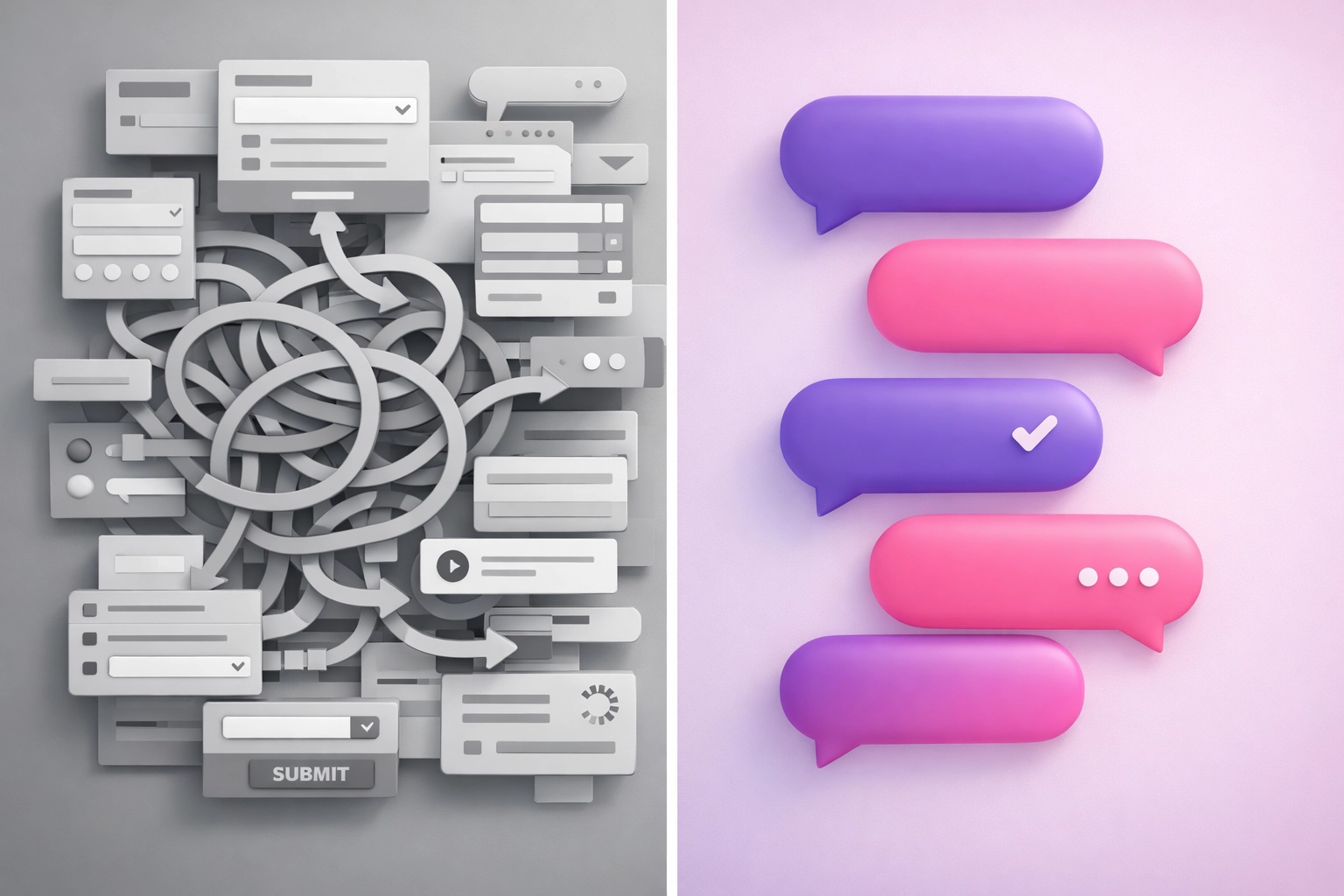 Comparison of complex traditional website forms versus simple AI conversational interface