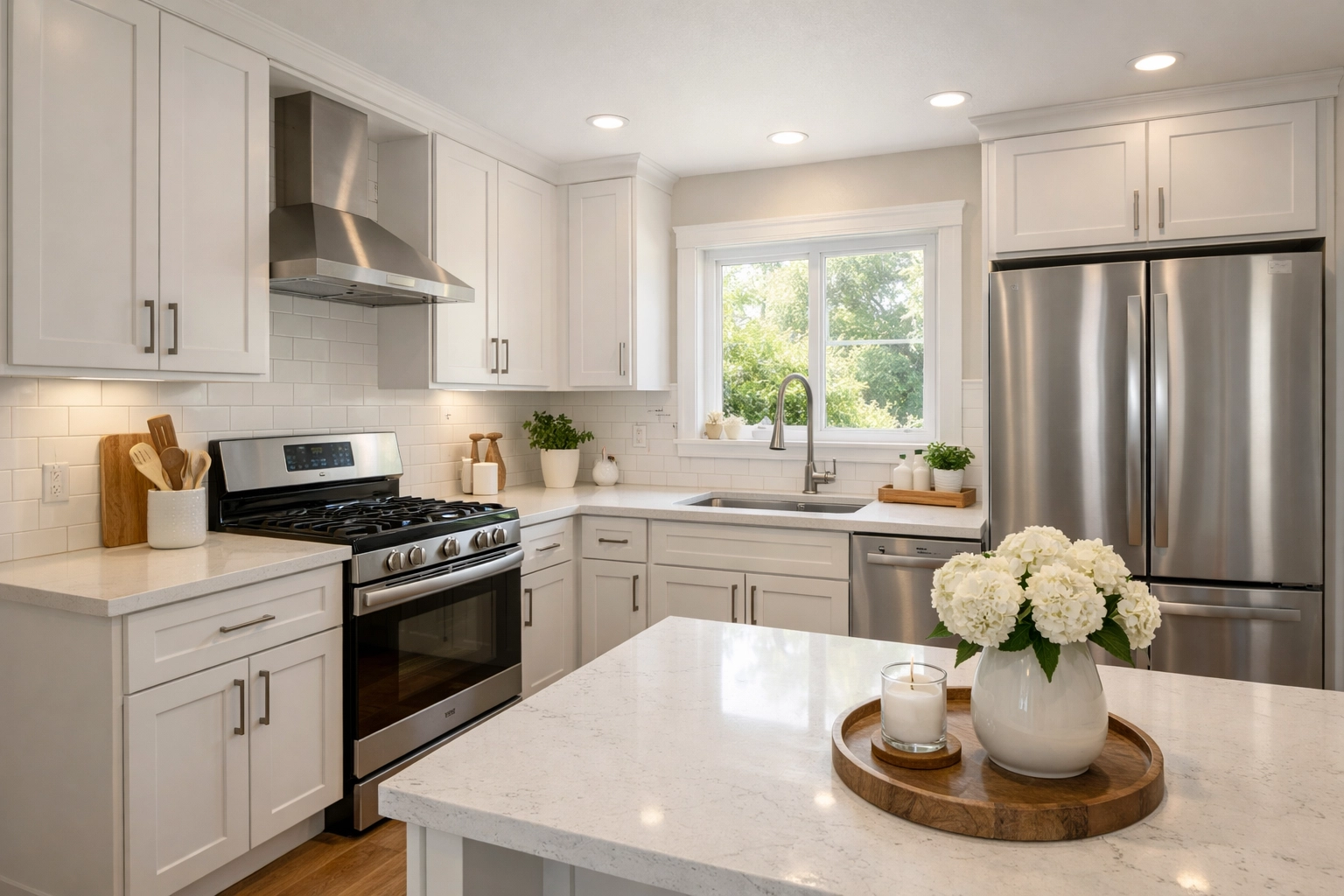 Modern renovated kitchen with white cabinets and quartz countertops in Red Deer home