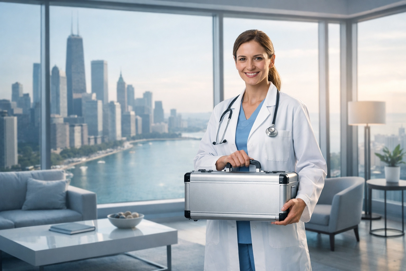 Professional mobile DNA testing collector in a Chicago apartment for legal matters.