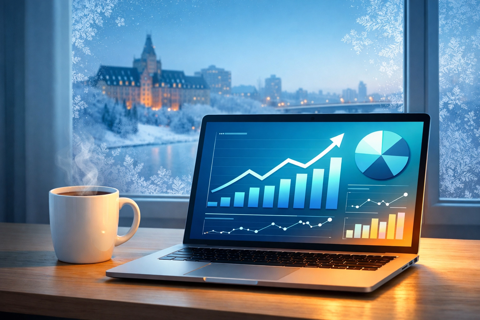 Laptop showing analytics and growth charts with snowy Saskatoon winter view through window