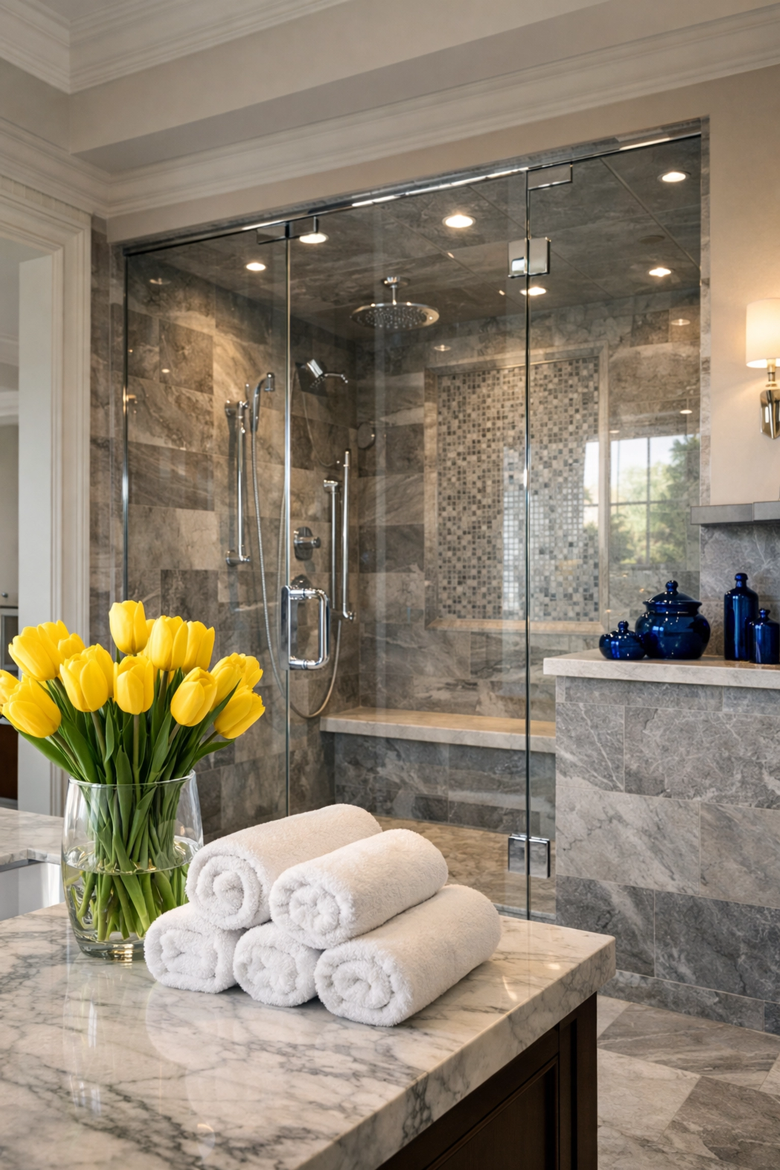 Sparkling luxury glass shower and marble vanity in a home maintained by Shrewsbury house cleaning experts.