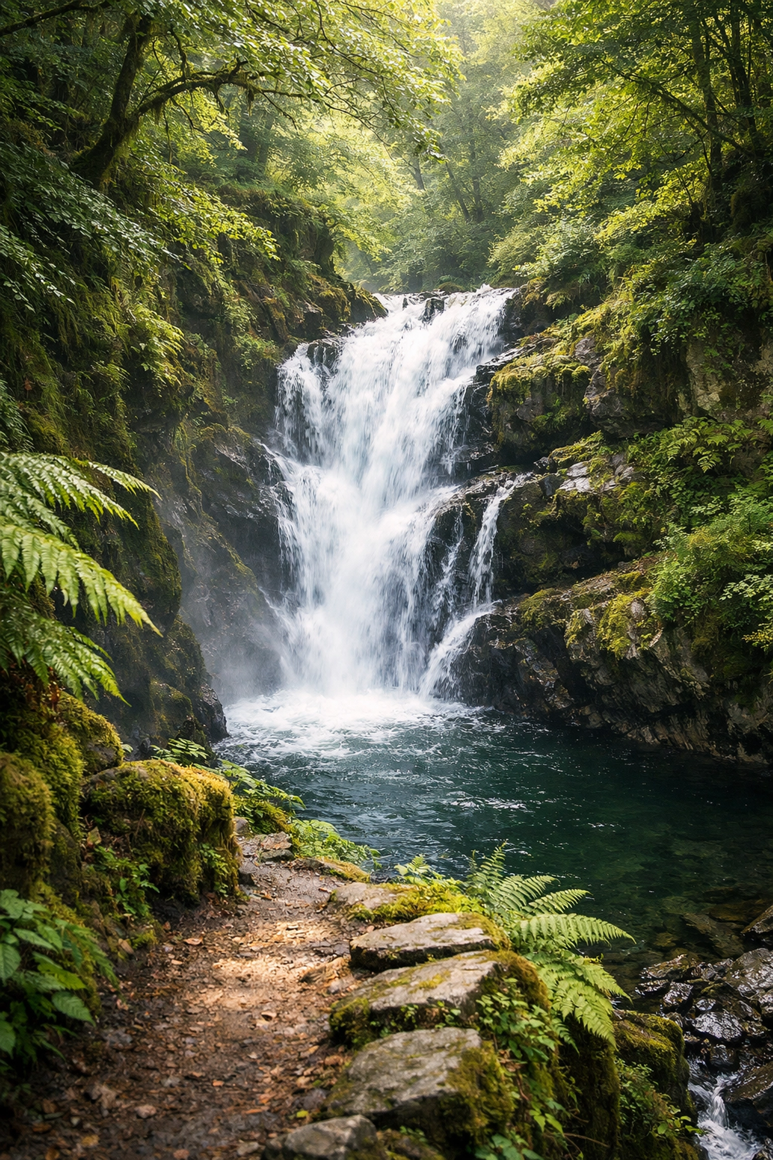 A lush waterfall in the Lake District forest, perfect for guided walks Lake District adventures.