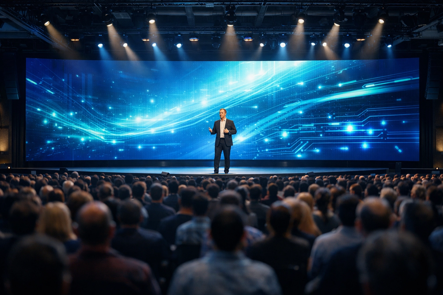 Professional conference photography showing a keynote speaker at a large San Francisco business event.