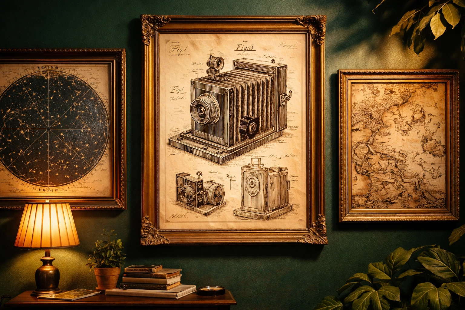 Vintage wall art mix with patent camera drawings, celestial star maps, and vintage map fragments in gold frames