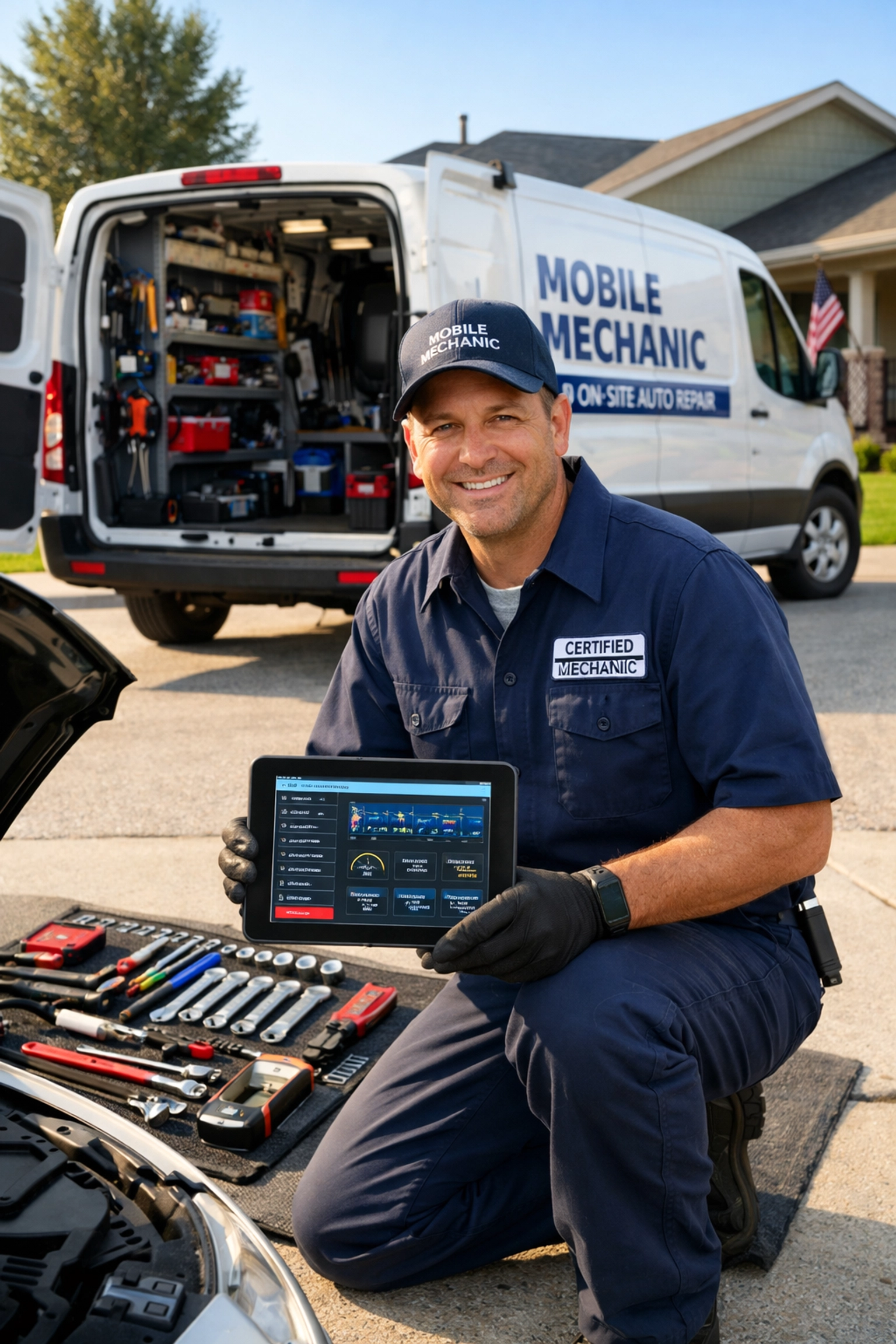 Mobile mechanic performing vehicle diagnostics at Green Bay home driveway