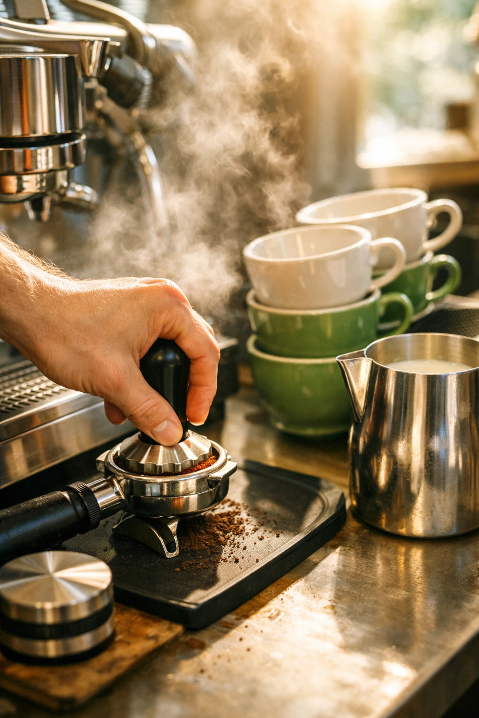 Barista tamping fresh coffee at an efficient workstation, highlighting professional coffee shop set up and workflow.
