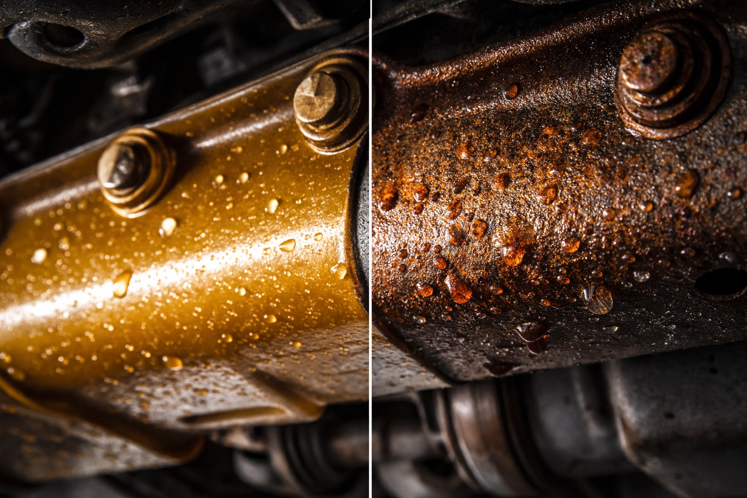Comparison of protected versus rusted metal under a car, showing the impact of quality rustproofing.