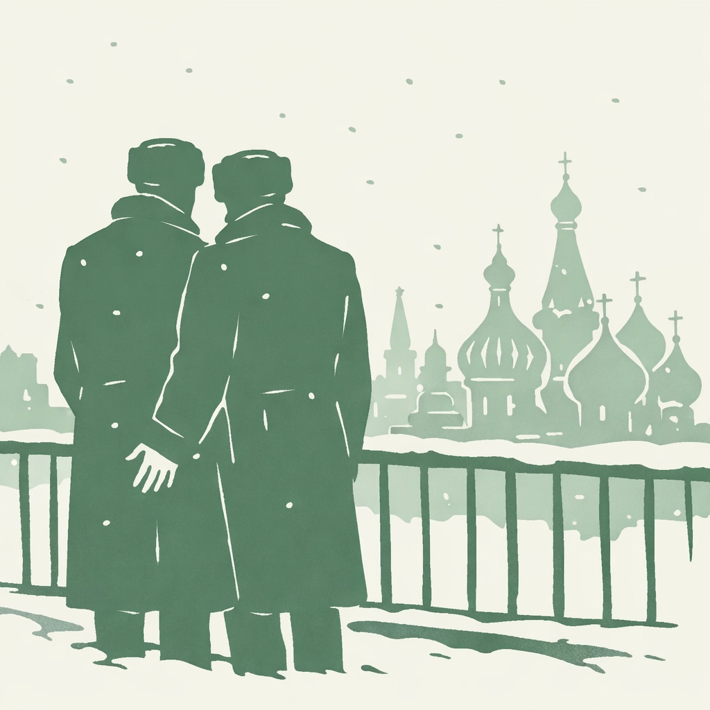 MM couple on snowy Moscow balcony overlooking city - 19th century gay romance