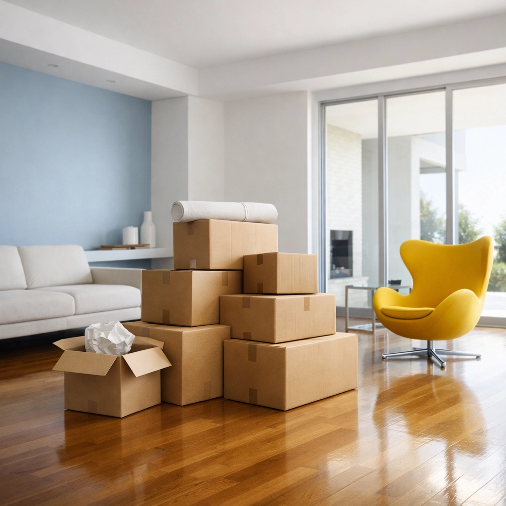 Modern living room with moving boxes on polished floors ready for a thorough move out cleaning service.