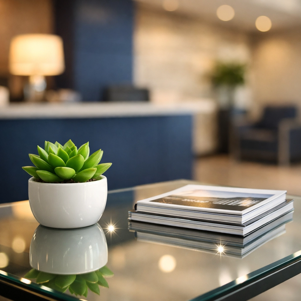 Spotless glass table in a professional office lobby maintained by a reliable janitorial service provider.