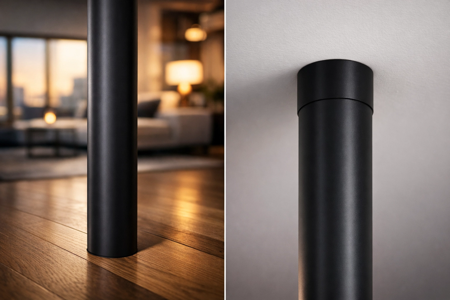 Matte black floor-to-ceiling fitness rail installed in a modern apartment without wall damage.