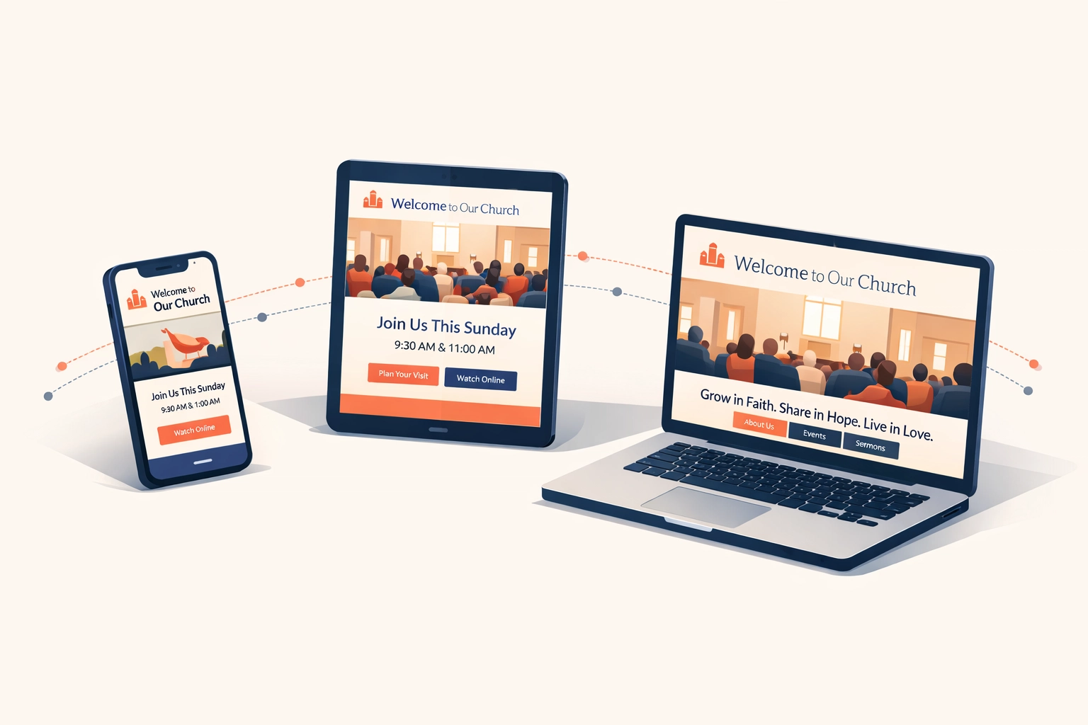 Cohesive church website displayed across smartphone, tablet, and laptop for digital ministry