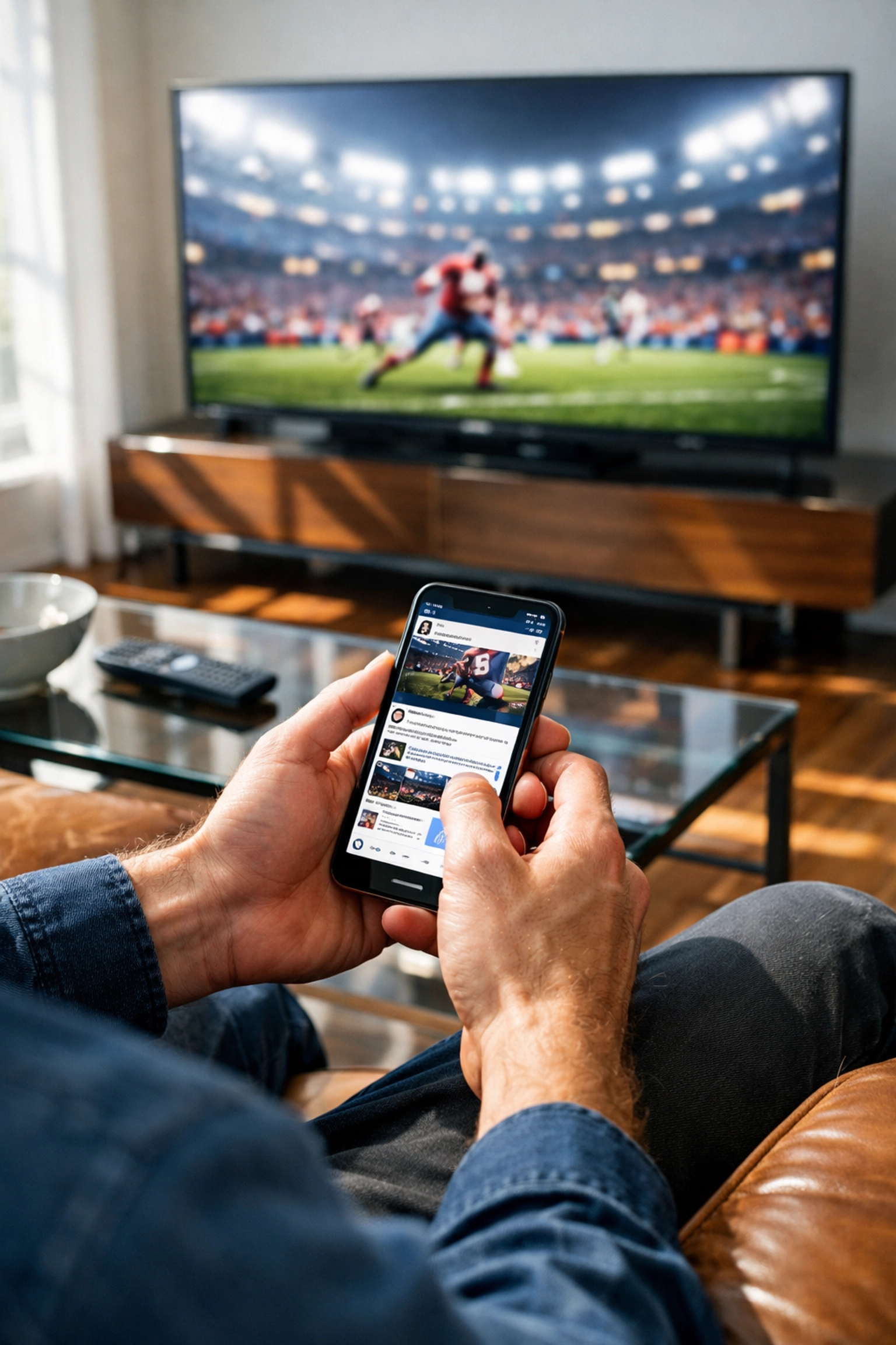 Modern fan using a smartphone while watching a game, demonstrating second-screen Super Bowl marketing strategy.
