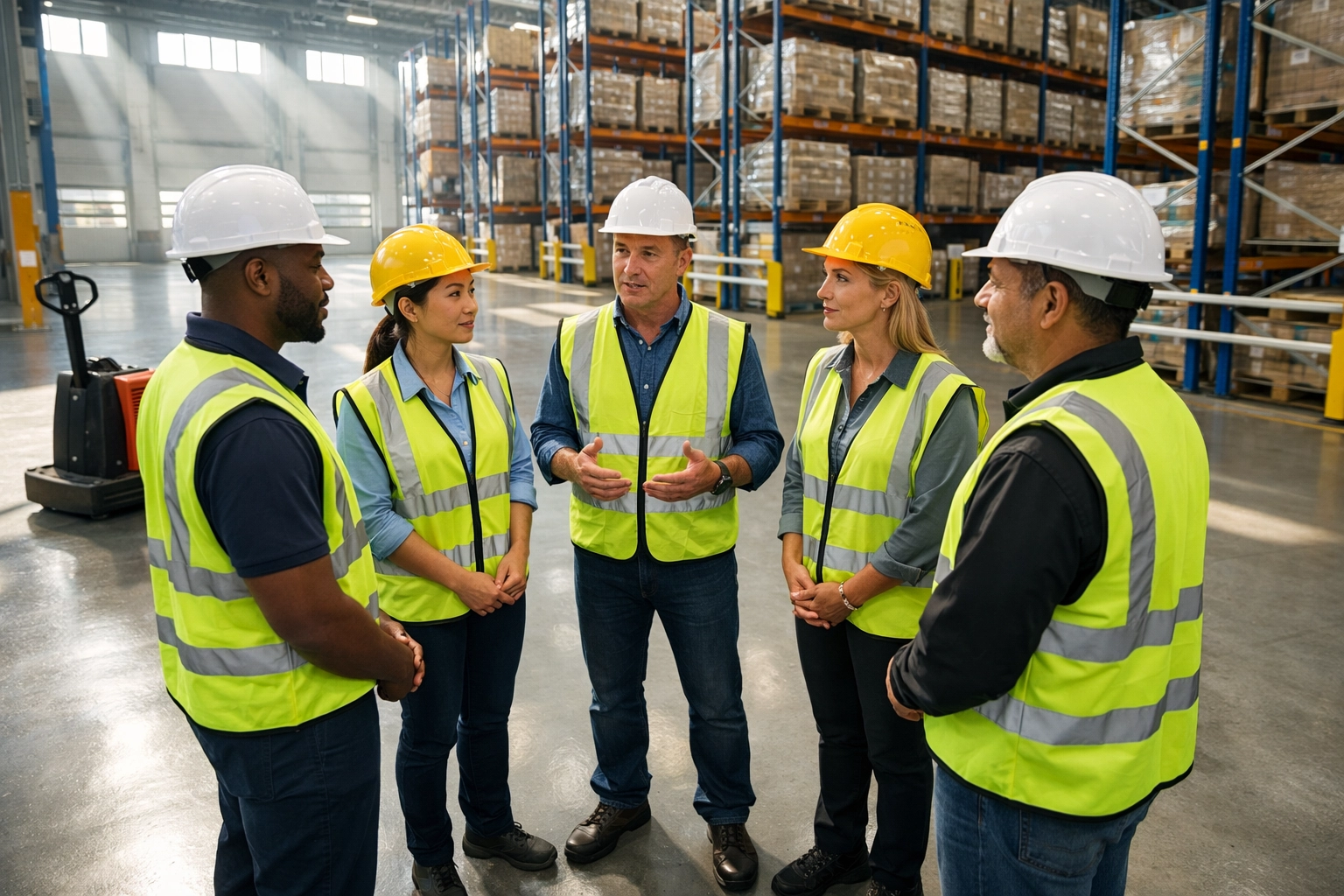 Logistics professionals in safety vests conducting a daily warehouse stand-up meeting at Lanta LLC.