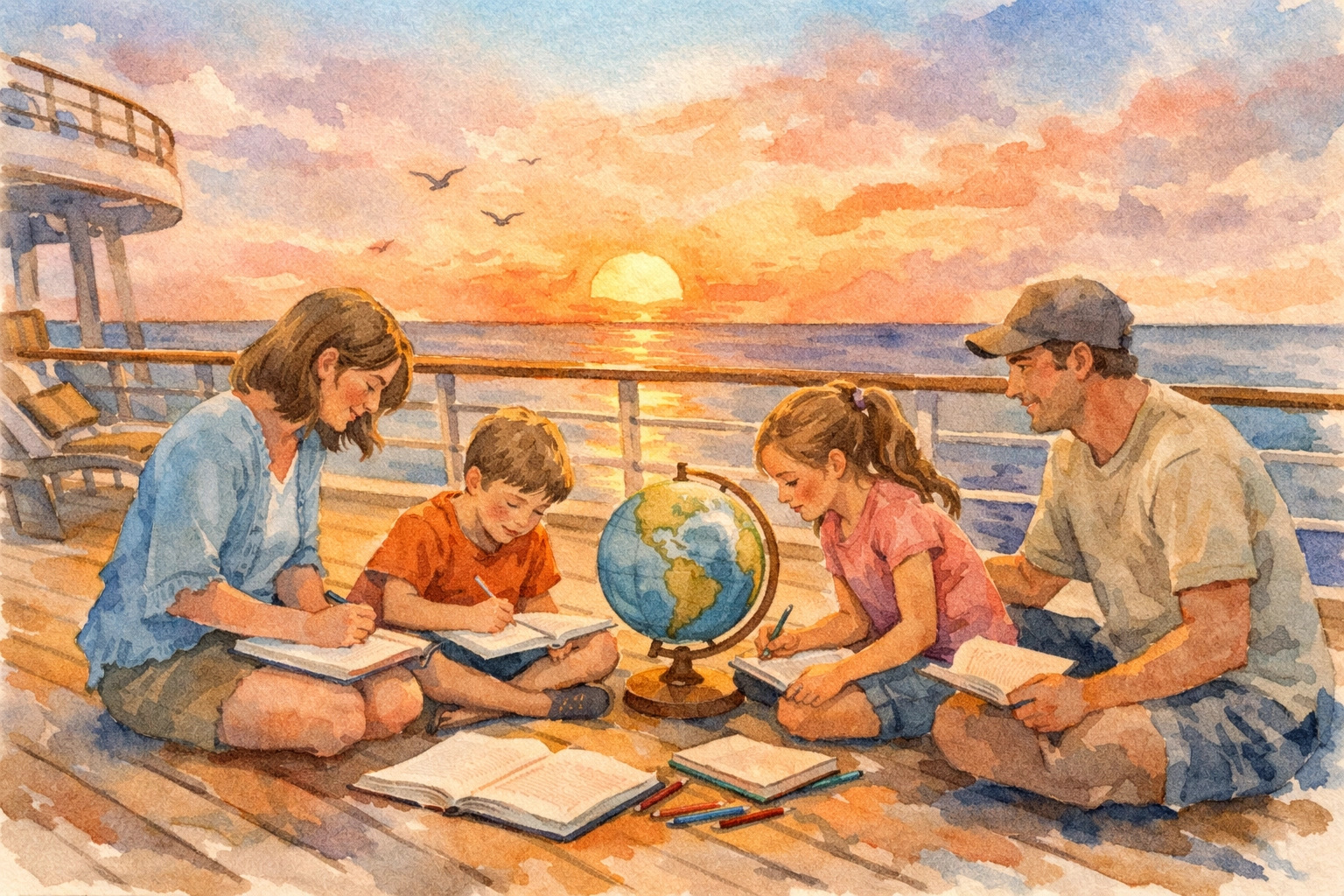 Travel planning with laptop, maps, and study materials for a homeschool cruise