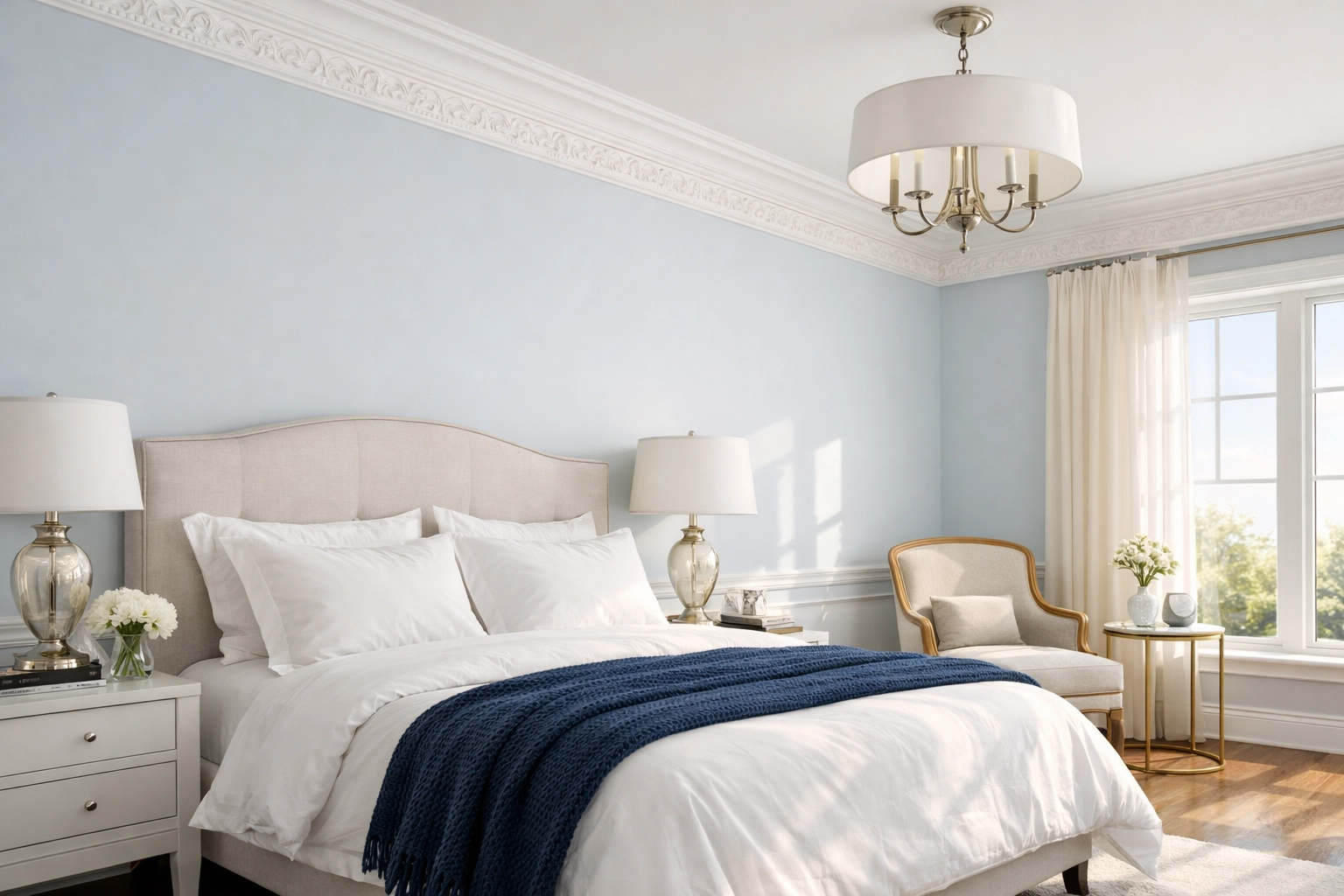 Professionally cleaned master bedroom in Acton MA with dust-free crown molding and polished surfaces.