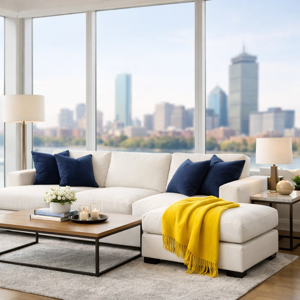 Clean living room in a Boston apartment after professional residential cleaning MA for a stress-free move-out.