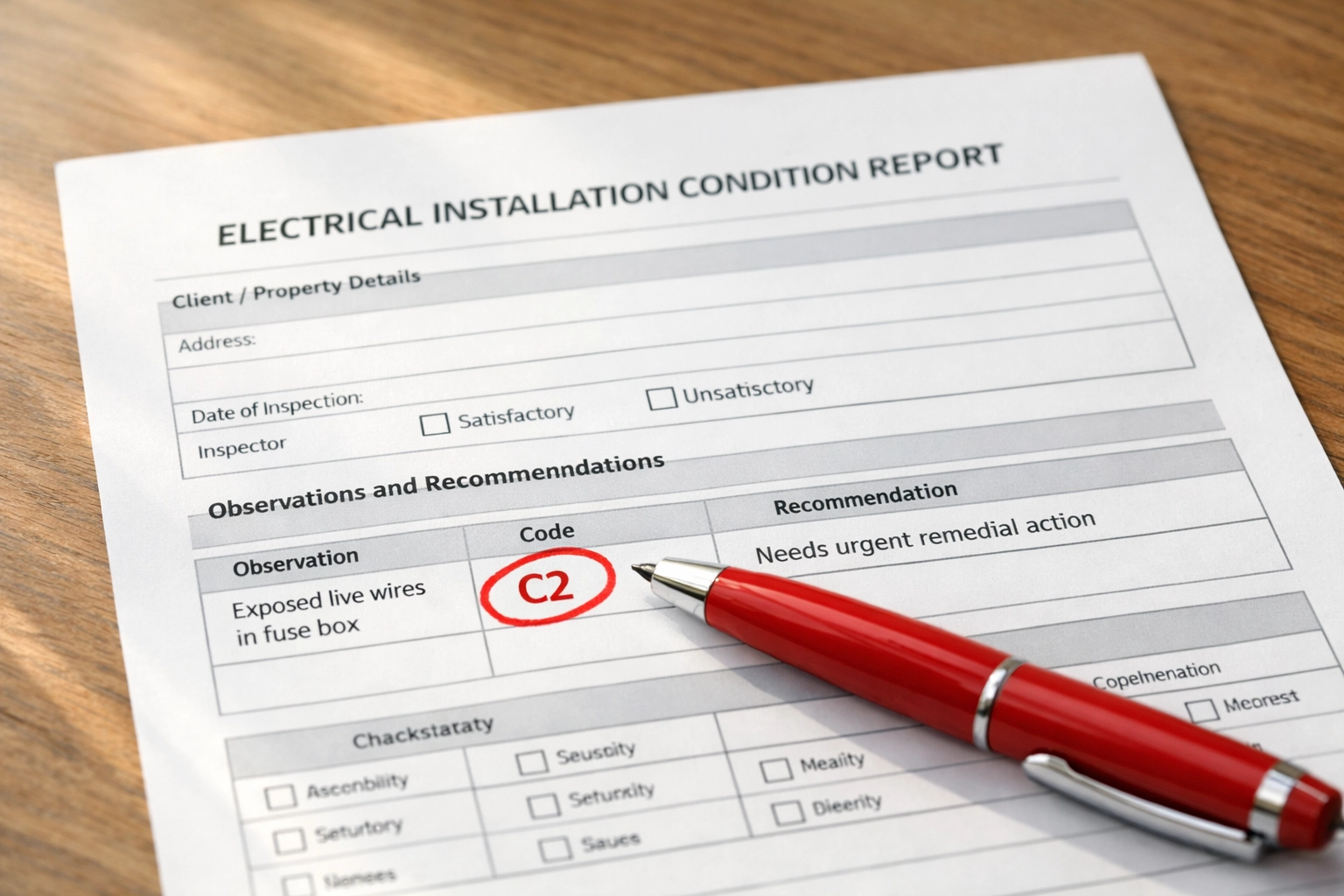 EICR certificate with C2 code circled showing potentially dangerous electrical fault observation
