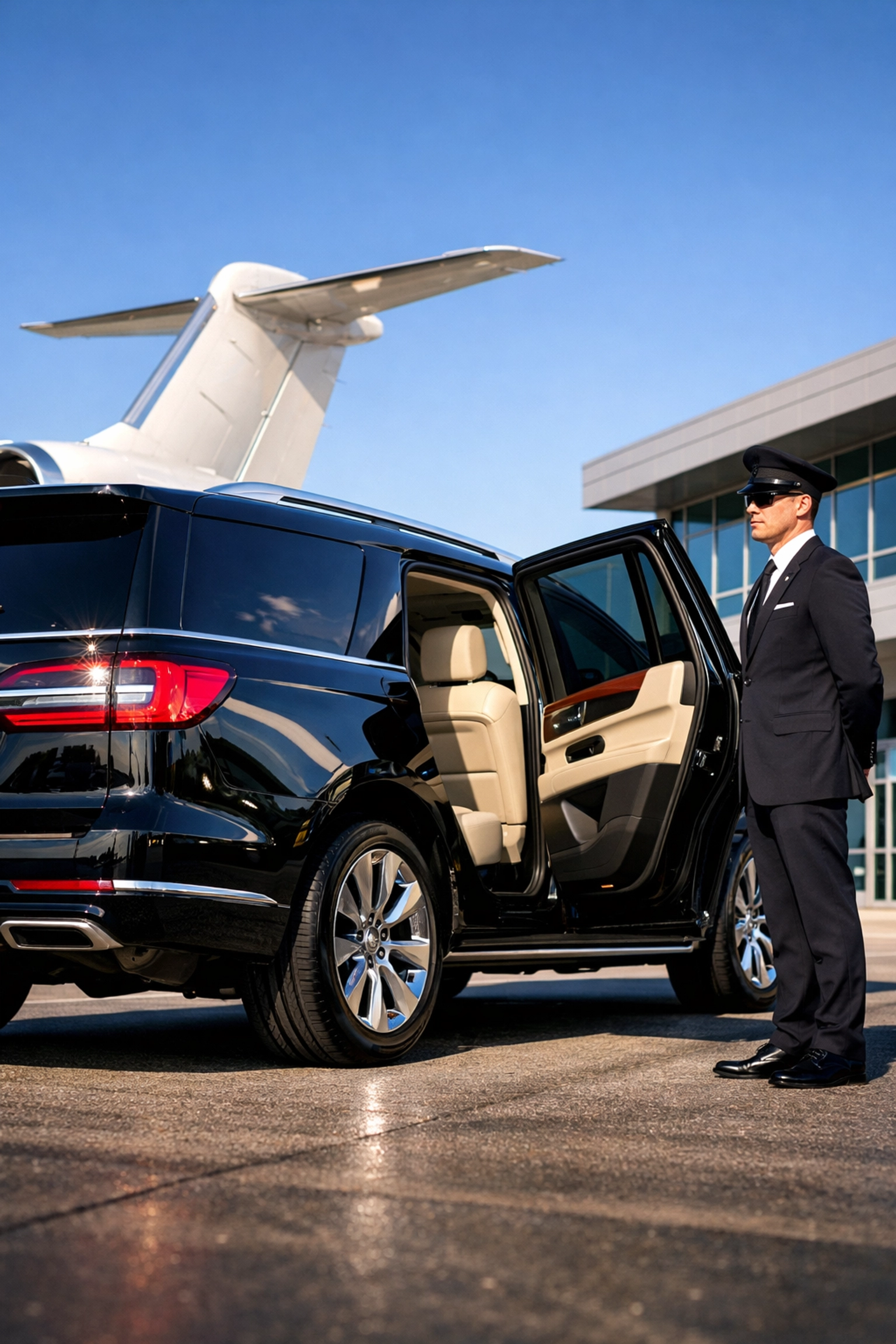 Luxury executive SUV and private jet terminal showcasing elite Super Bowl travel management services.