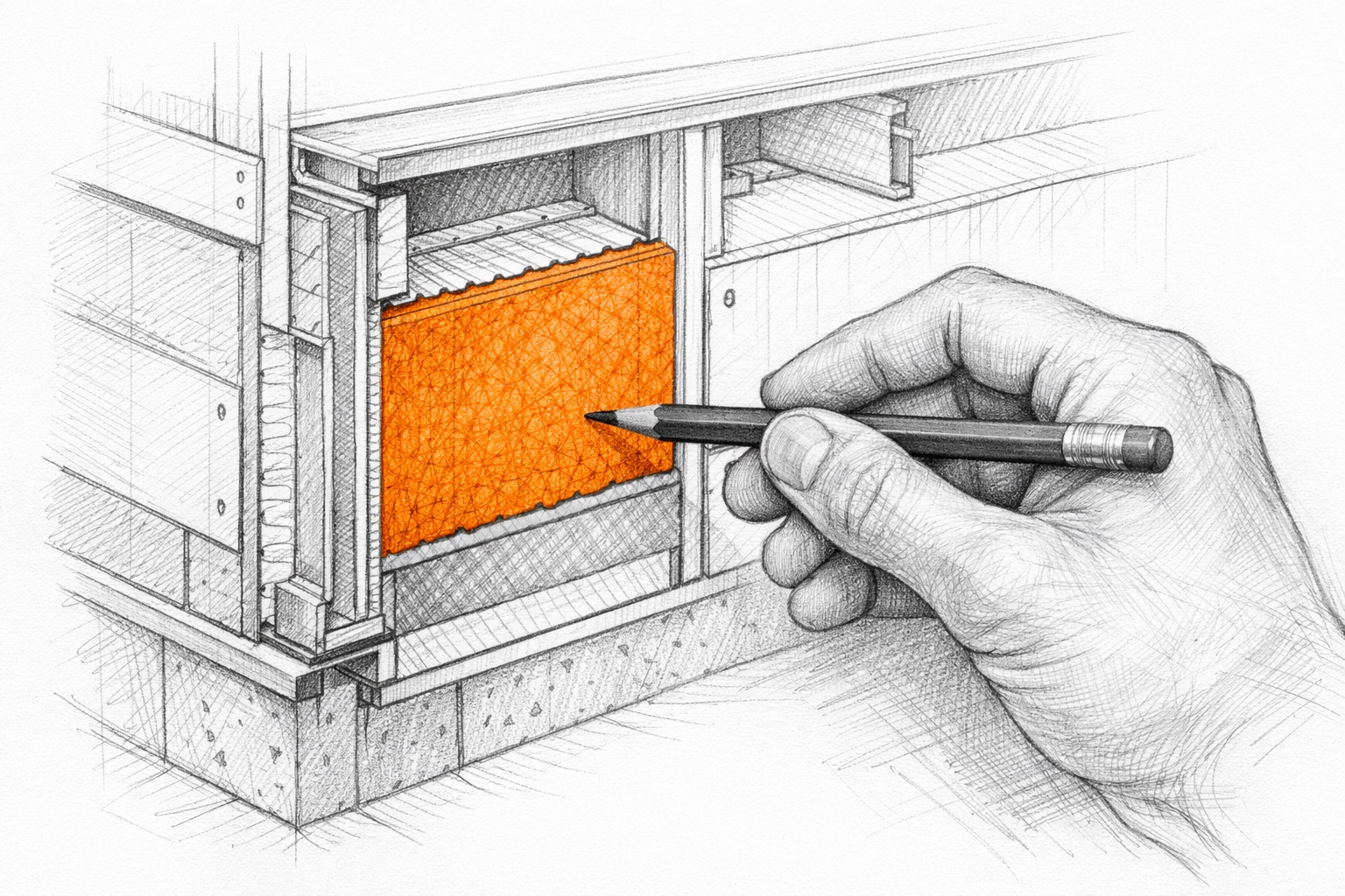 Sketch of a technical wall assembly drawing for an accredited architectural CEU course script.