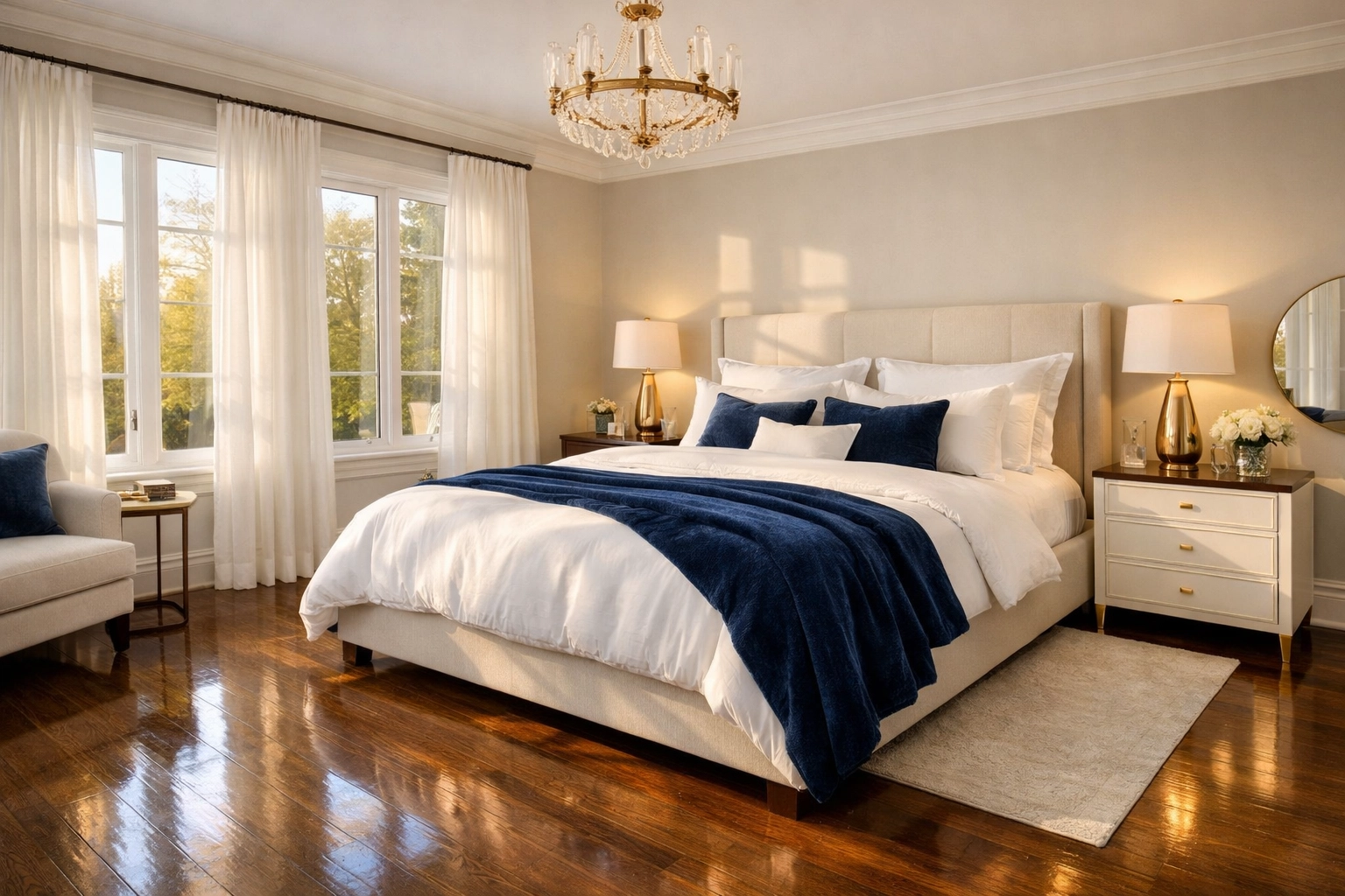 Spotless master bedroom with clean linens showing the results of expert weekly cleaning services.