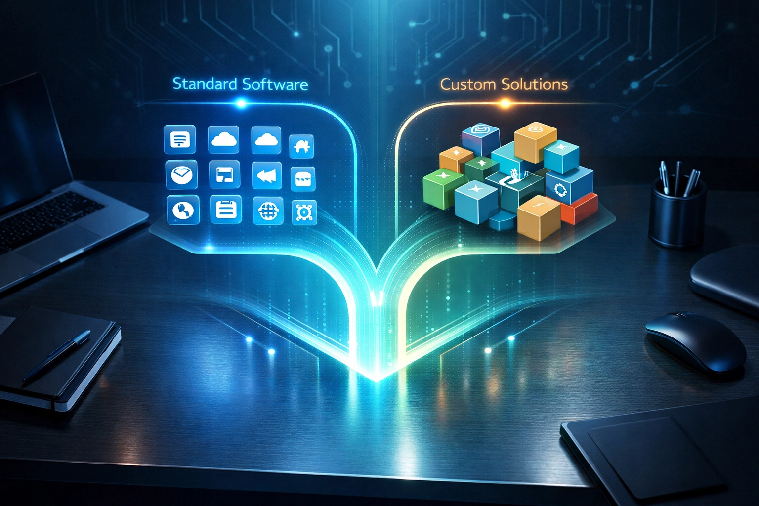 Holographic visualization comparing off-the-shelf software vs custom development pathways for business