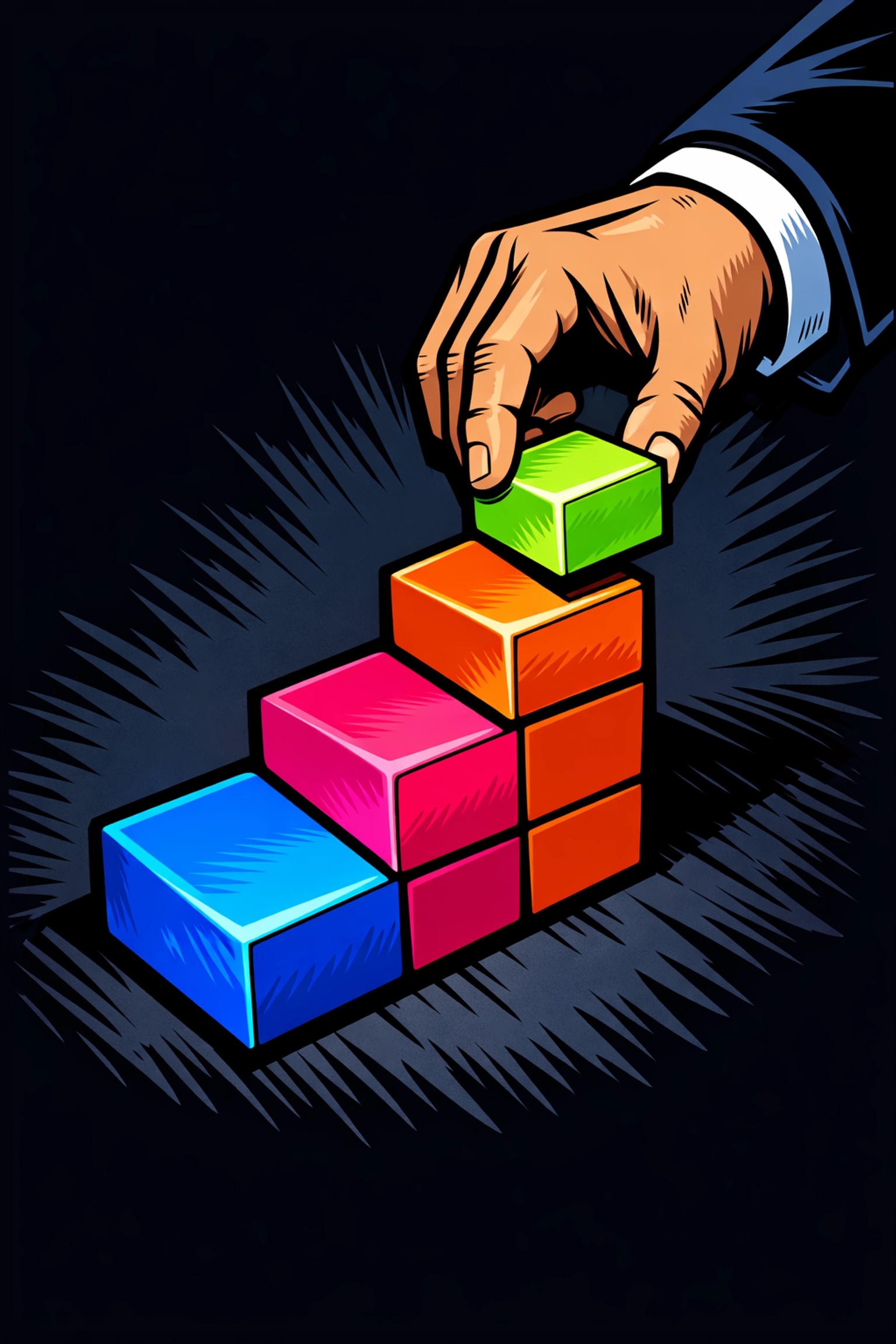 Building blocks arranged incrementally showing step-by-step automation strategy