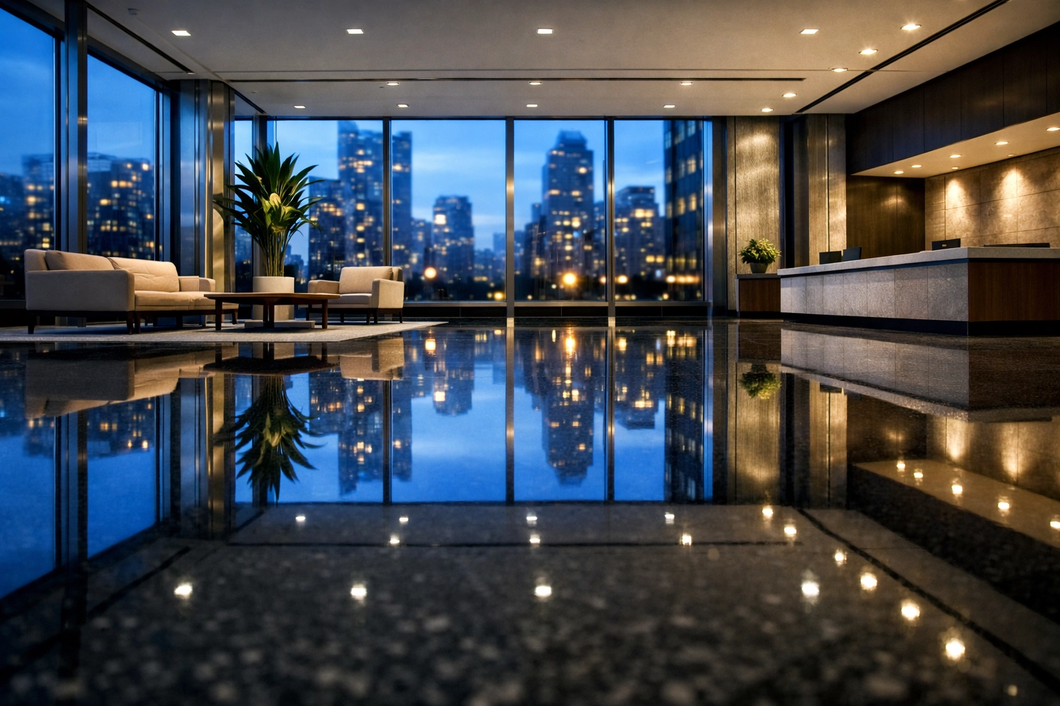 Modern commercial lobby in a Chicago high-rise with polished floors, showing professional property management standards.