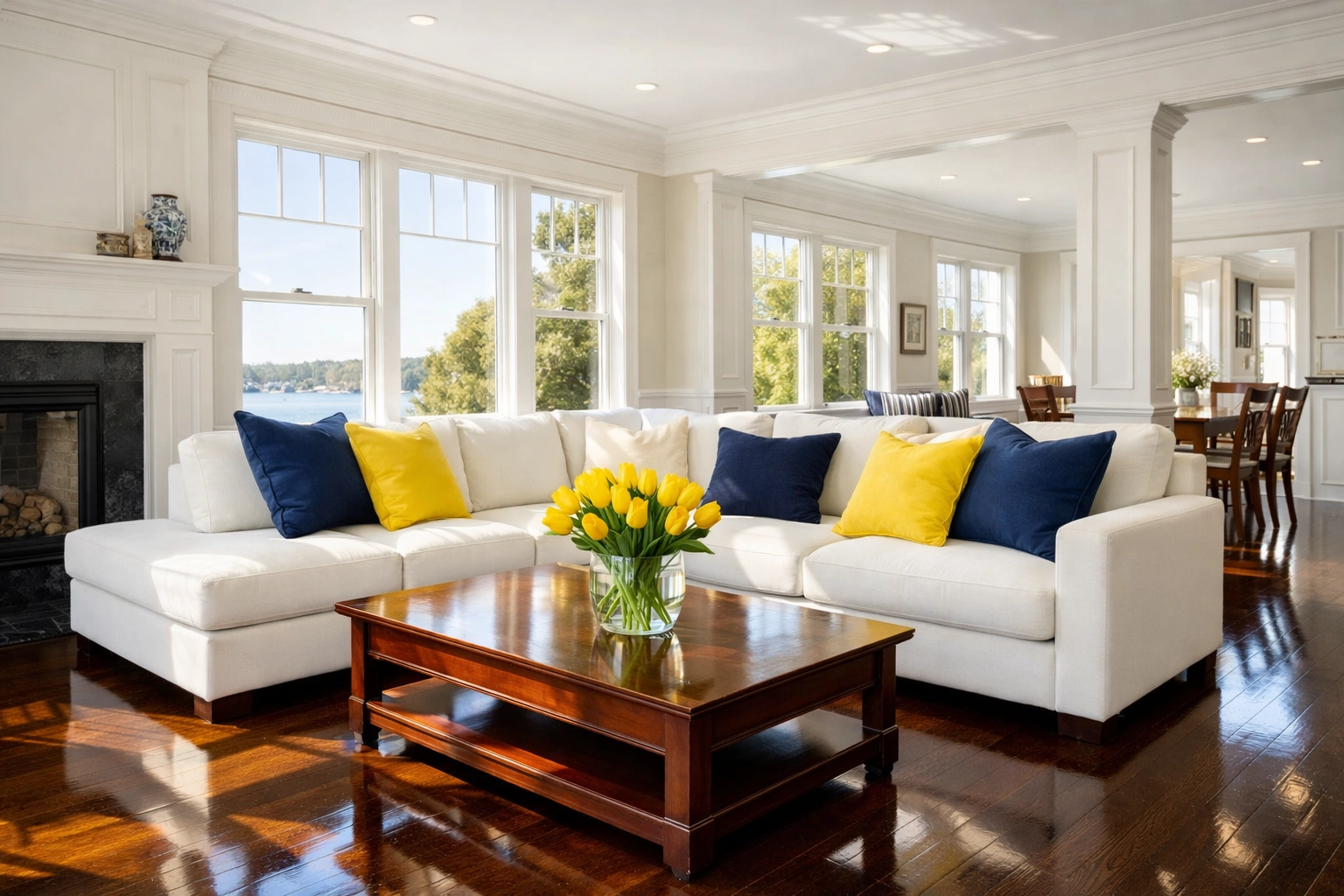 Clean living room with polished floors from Weekly House Cleaning West Brookfield MA service.