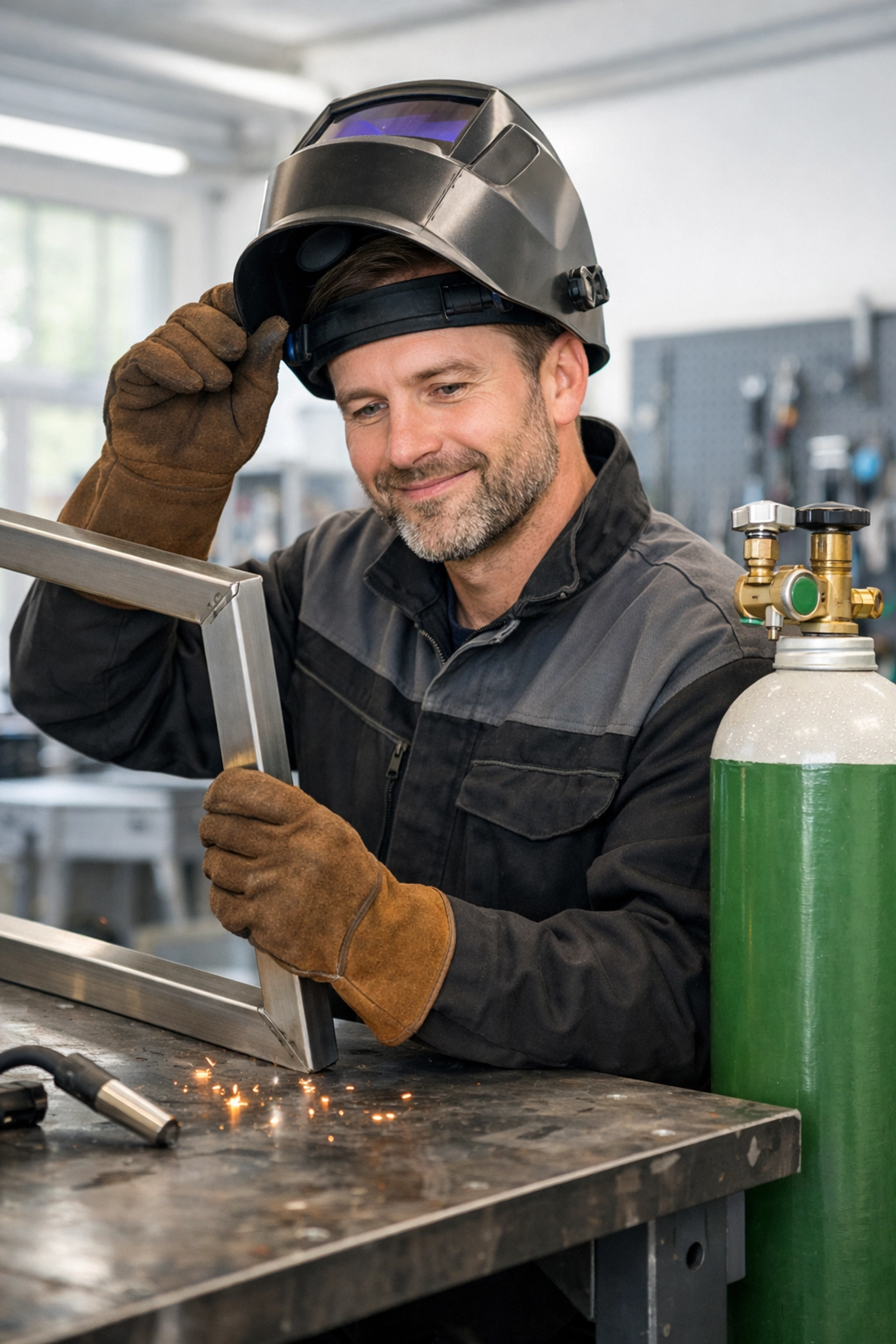 Professional welder inspecting a metal frame next to a refillable 10L industrial gas cylinder.