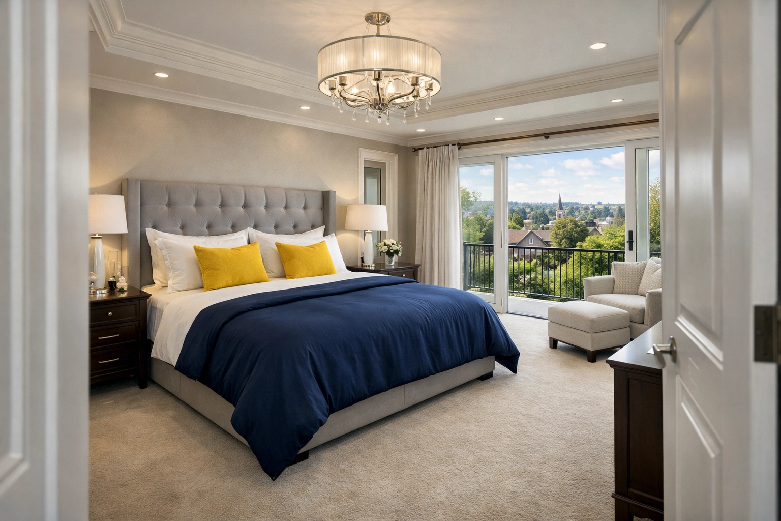 Pristine master bedroom with clean linens after professional residential cleaning services in Shrewsbury MA.