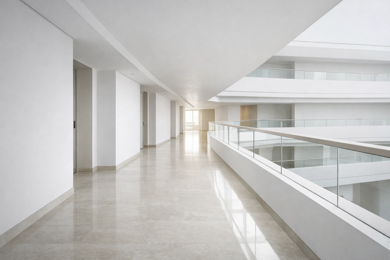 A minimalist hotel corridor representing the seamless efficiency of a cloud-native PMS and agentic AI.