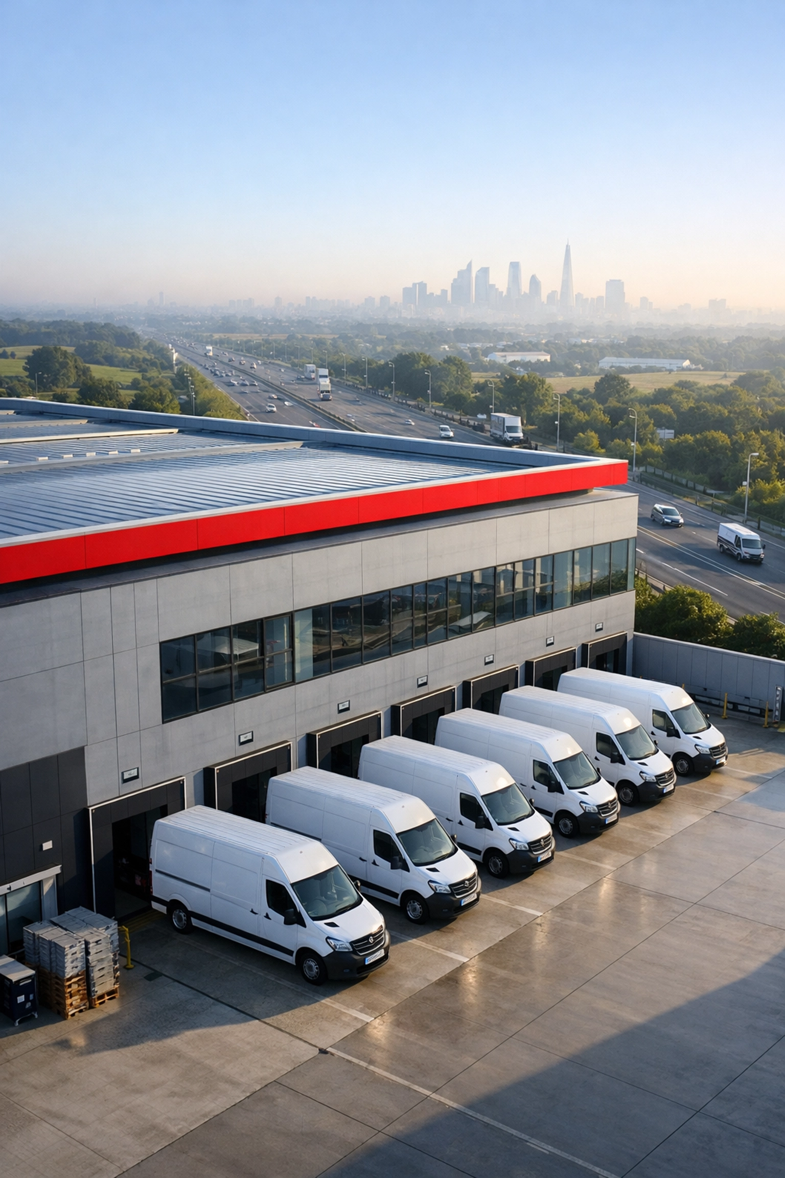 Modern warehouse and distribution center in Hertford with delivery vans for fast retail logistics.