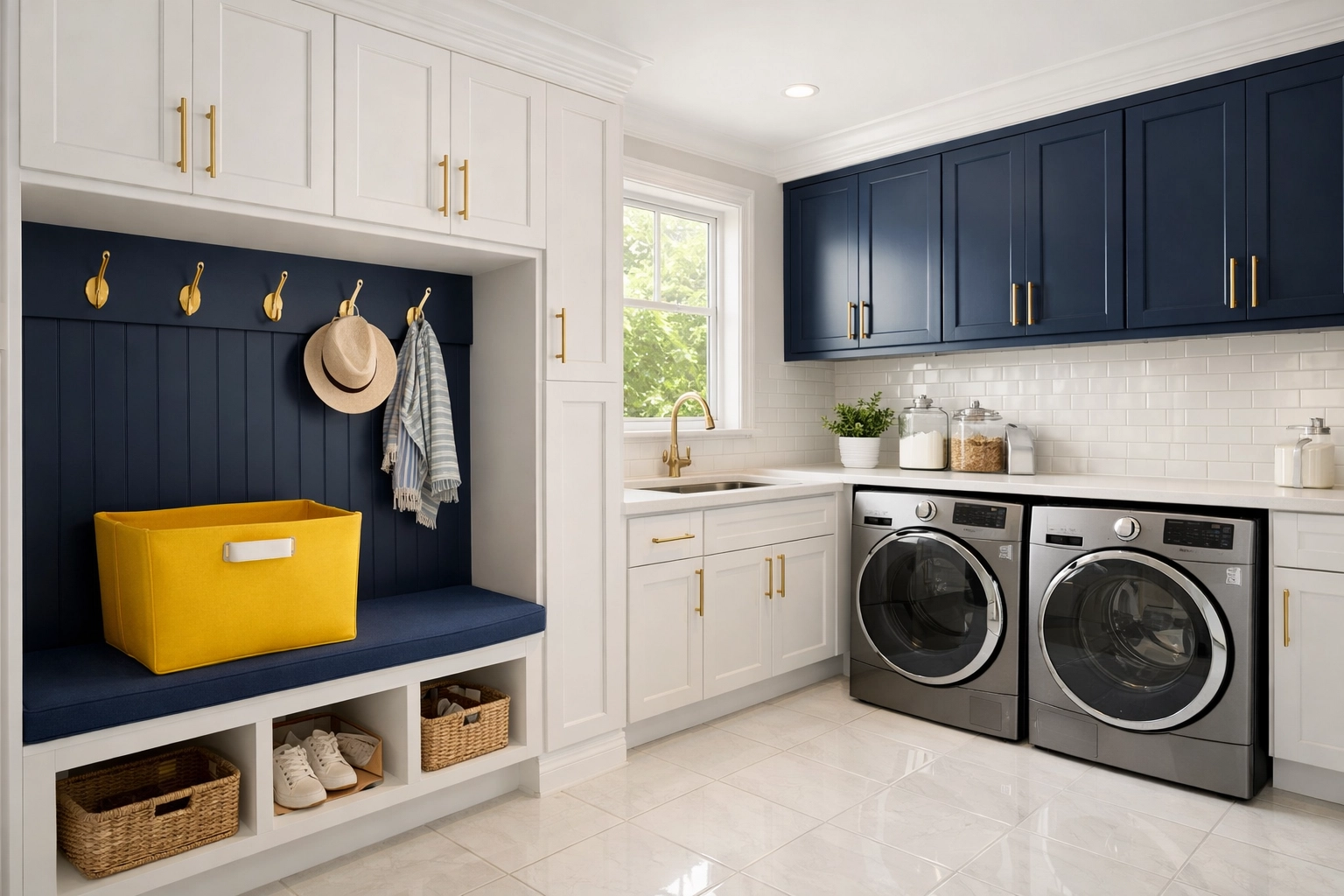Organized Franklin mudroom with white cabinetry showing the results of a consistent weekly house cleaning routine.