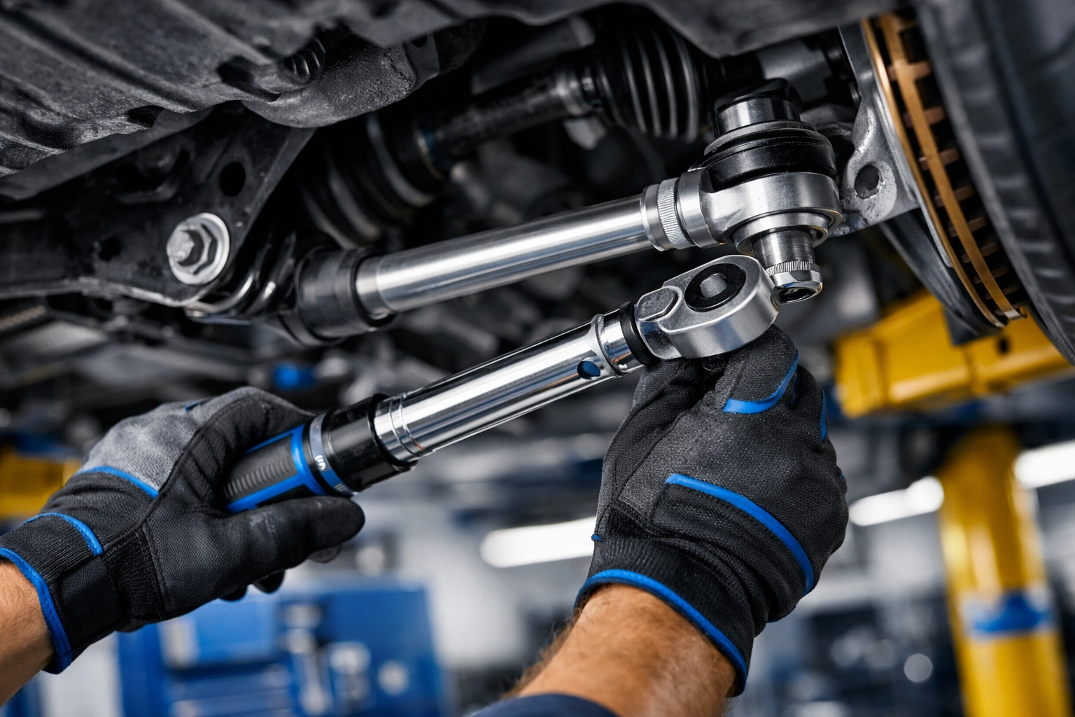 Expert installation of a new vehicle tie rod and suspension components using professional tools.