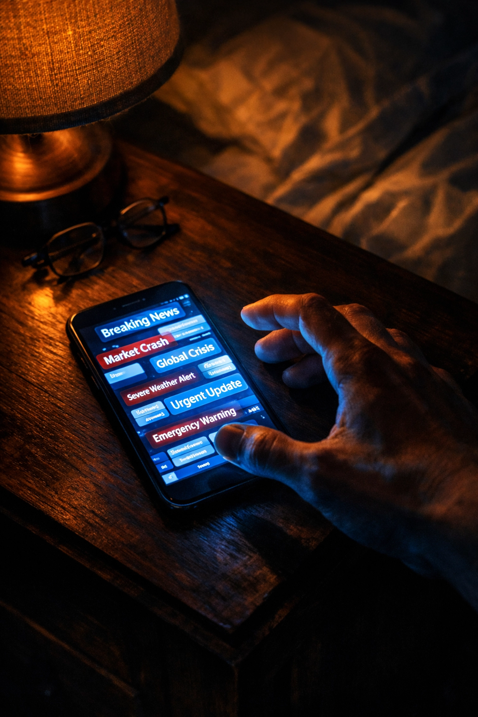 Hand reaching for smartphone with news notifications at 5 AM in the dark