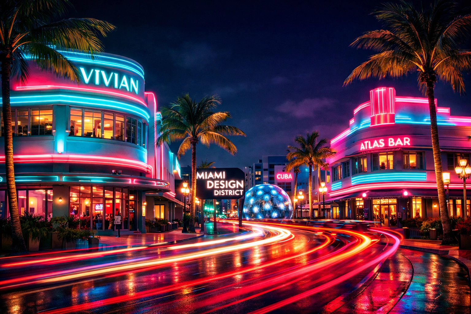 Stunning architectural photography of the Miami Design District at night with vibrant neon lights.