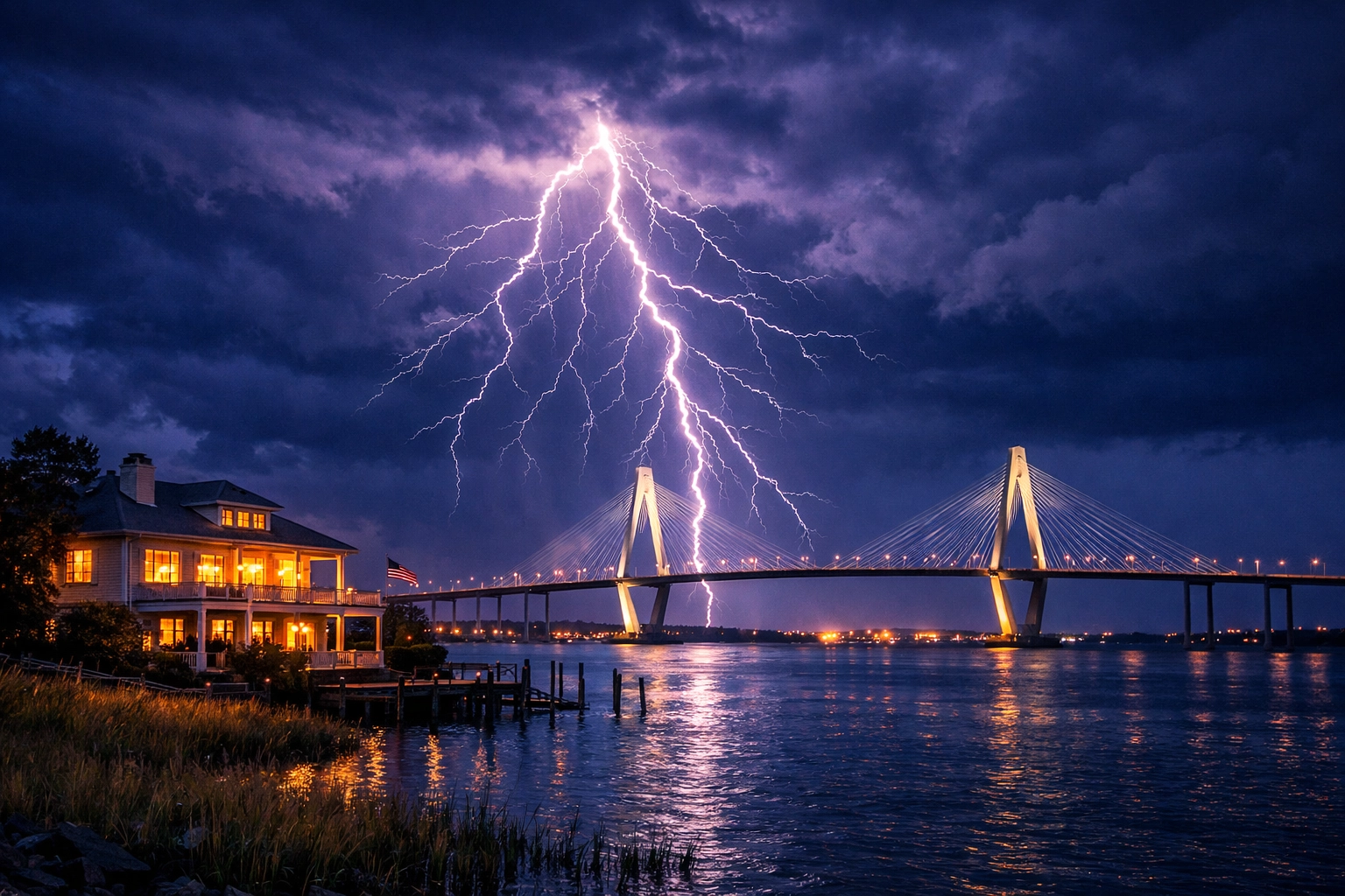 Charleston home protected by surge protection during a lightning storm over the Cooper River.