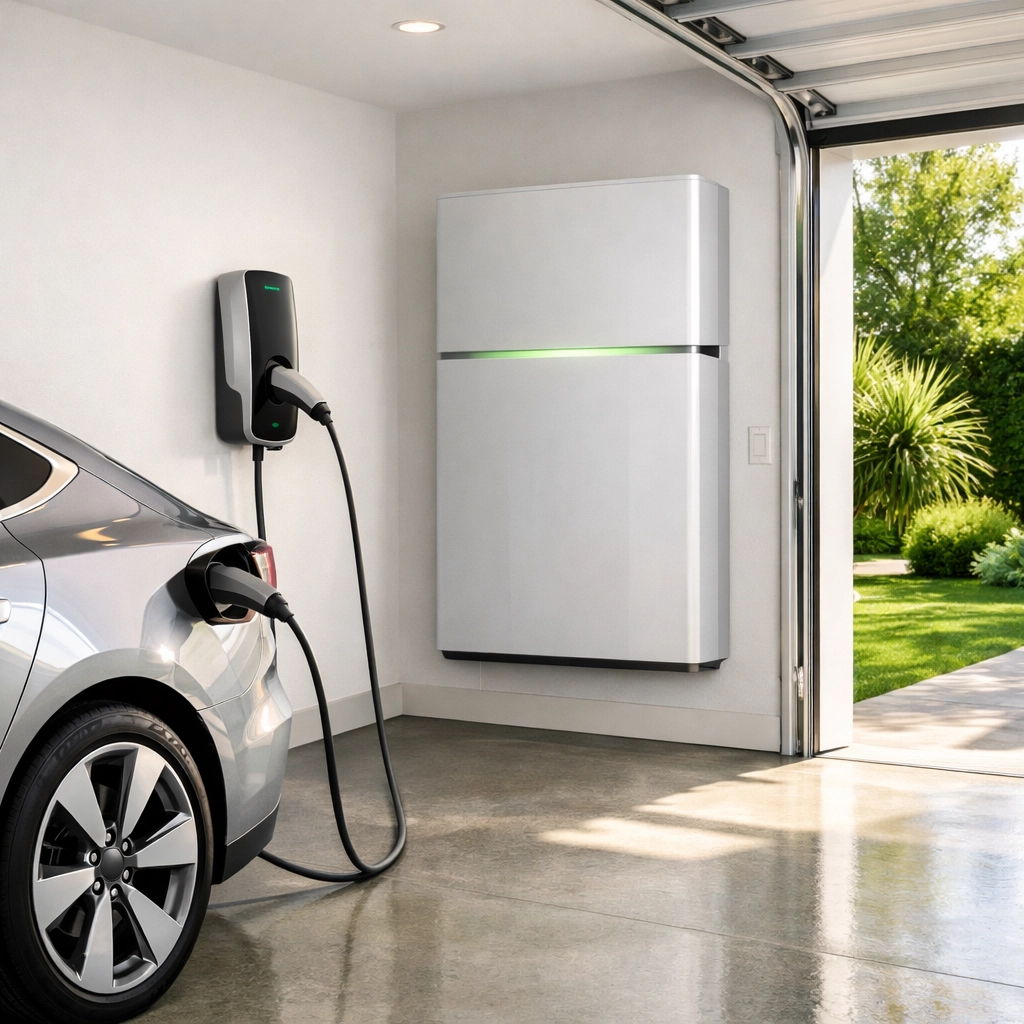 Electric vehicle charging at home using a solar-integrated battery storage system in a modern garage.