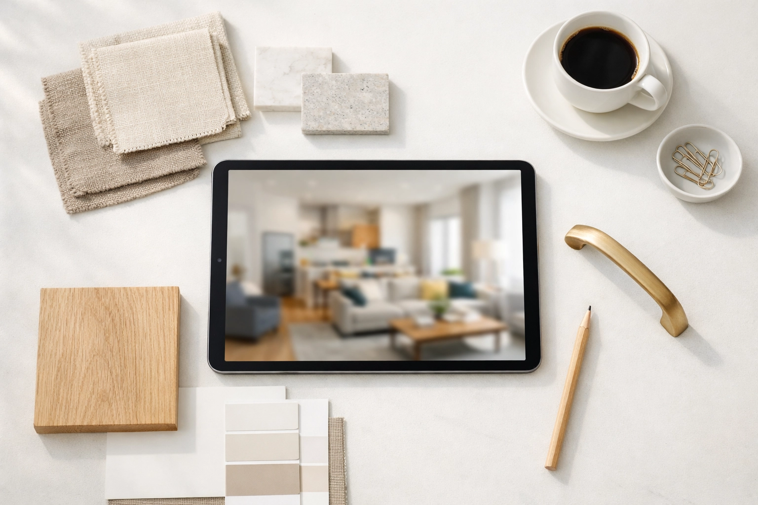 Interior design workspace with a tablet showing a visual 3D room transformation plan.