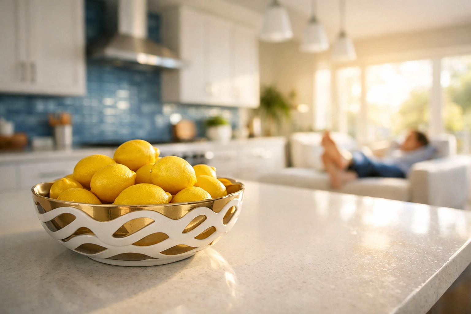 Spotless modern kitchen with a homeowner relaxing in the background, showing time saved with cleaning services.