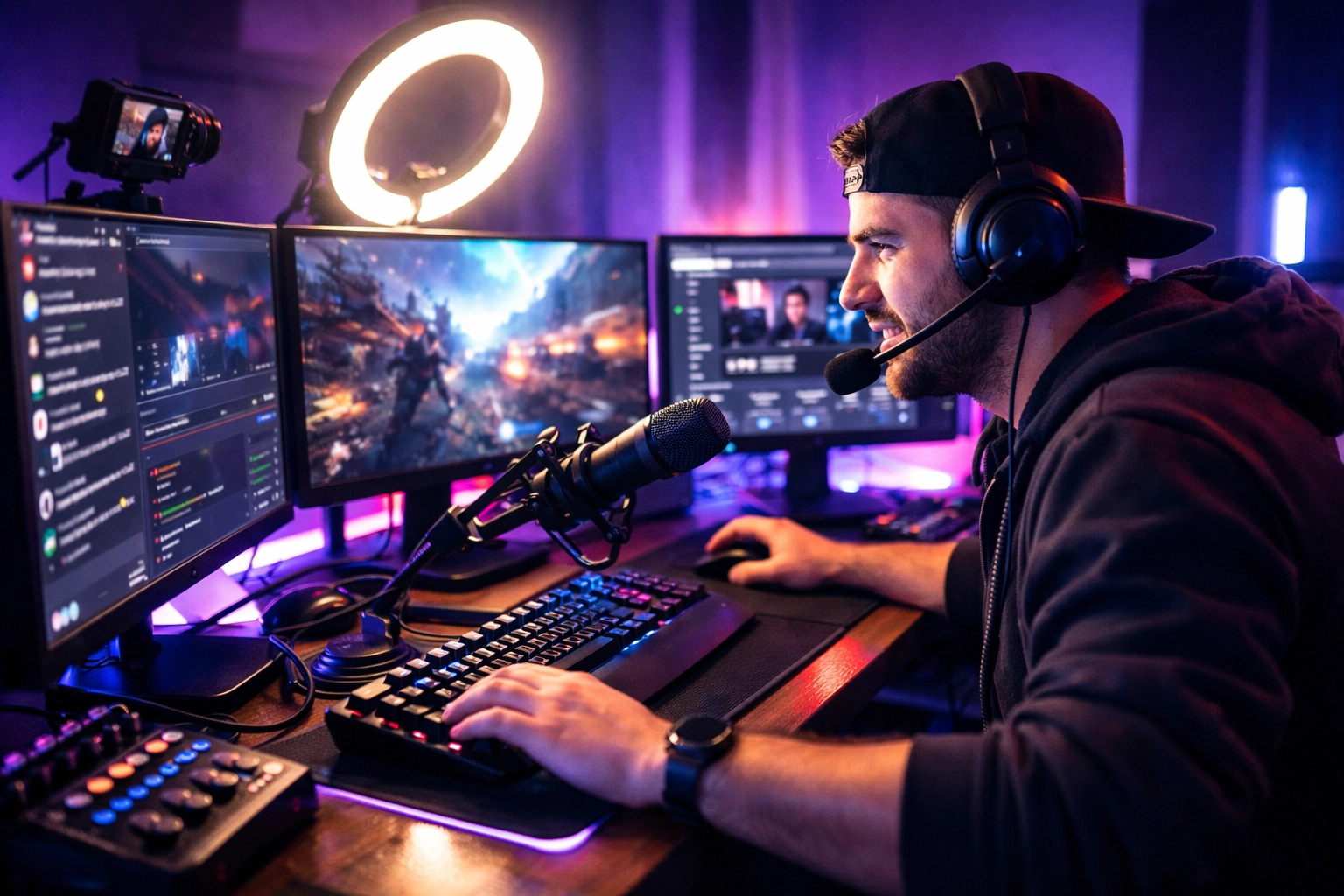 Esports content creator live streaming gameplay in professional gaming studio with multiple monitors