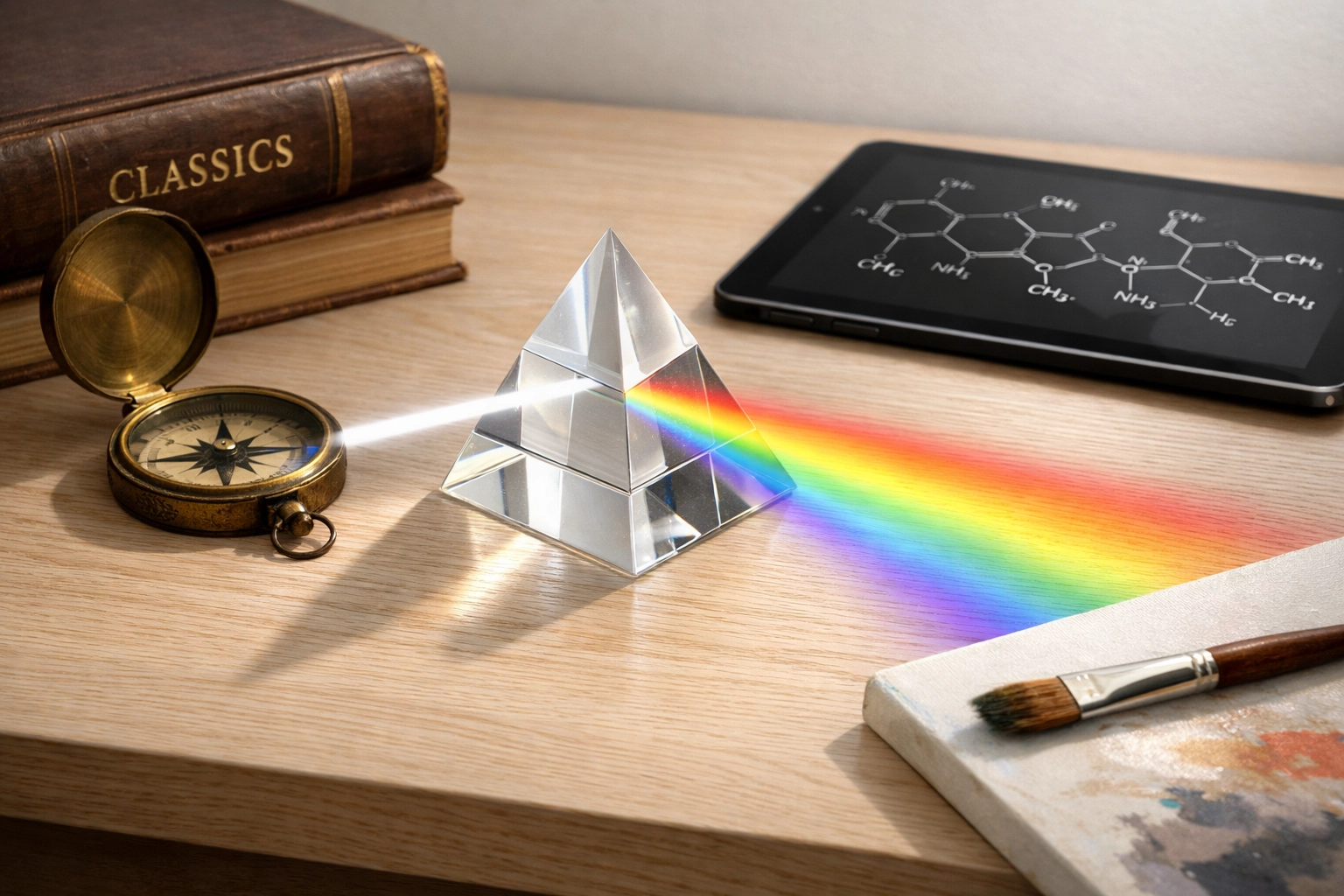 Glass prism refracting light onto diverse scholarly tools, symbolizing a well-rounded IB curriculum and academic coaching.