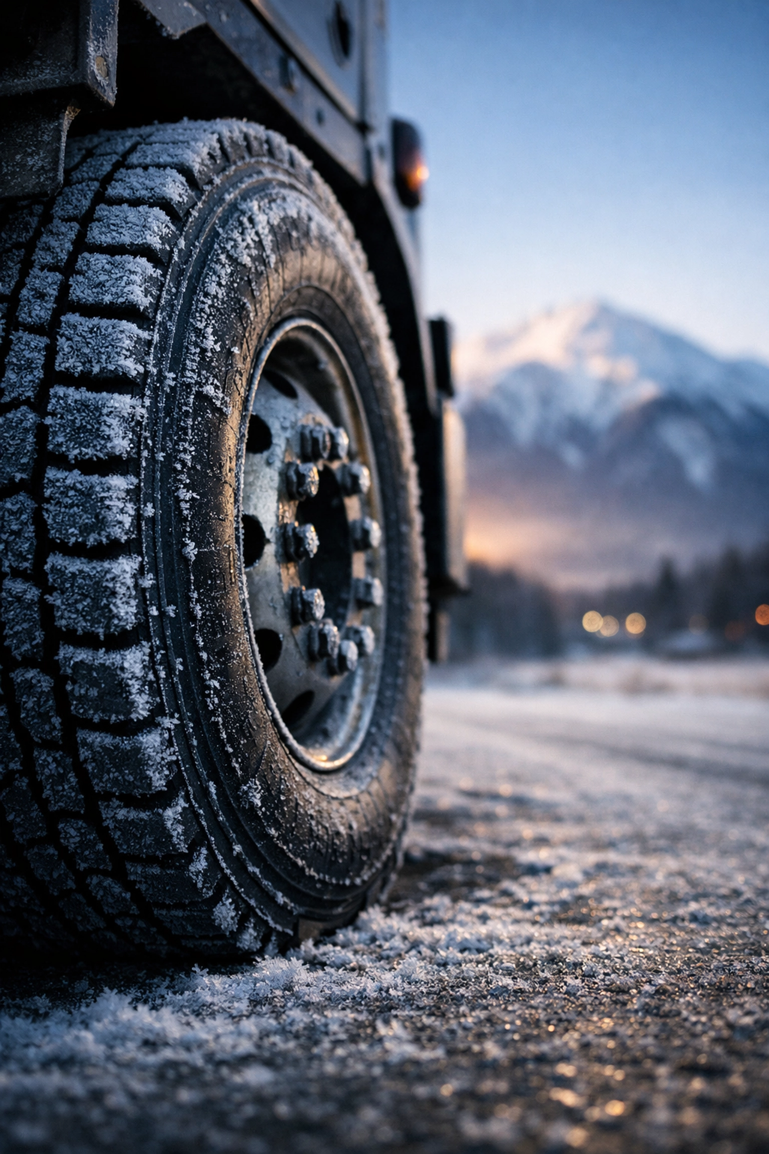 Commercial fleet truck tire on a frosty road in Smithers showing low pressure from cold weather.
