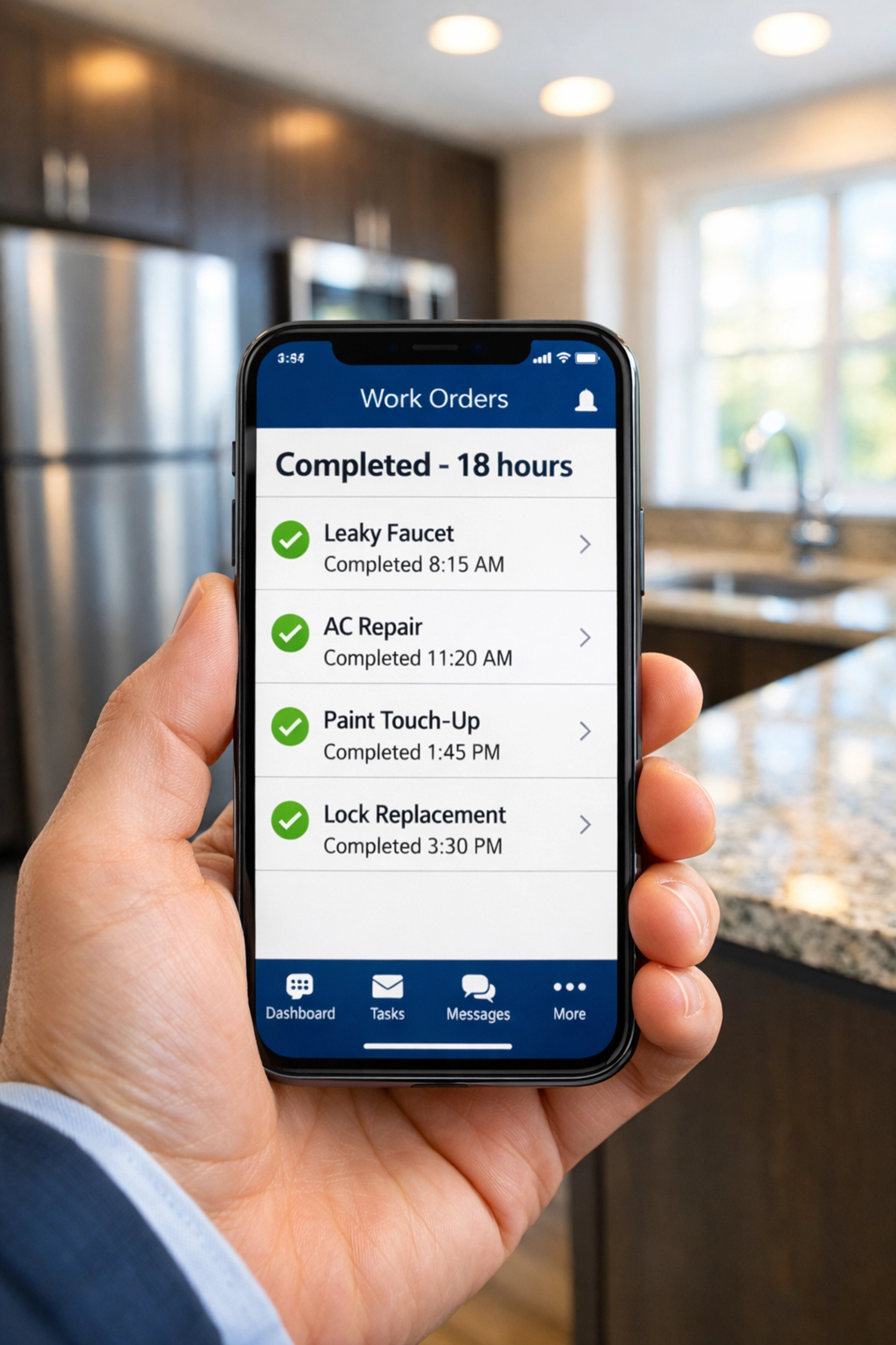Property manager tracking completed turnover work order on digital dashboard with clean kitchen