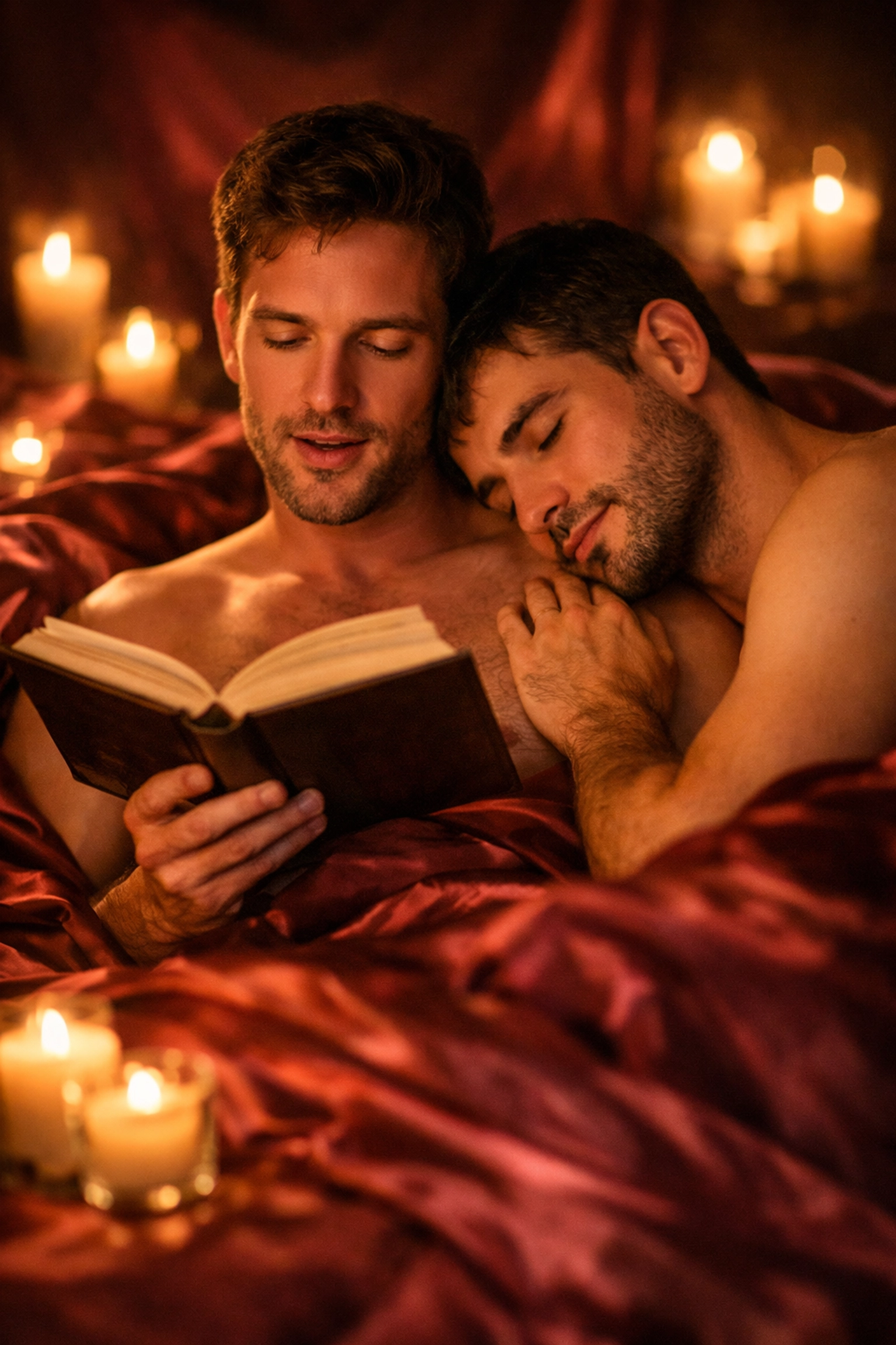Gay couple embracing on silk sheets while reading romance book together
