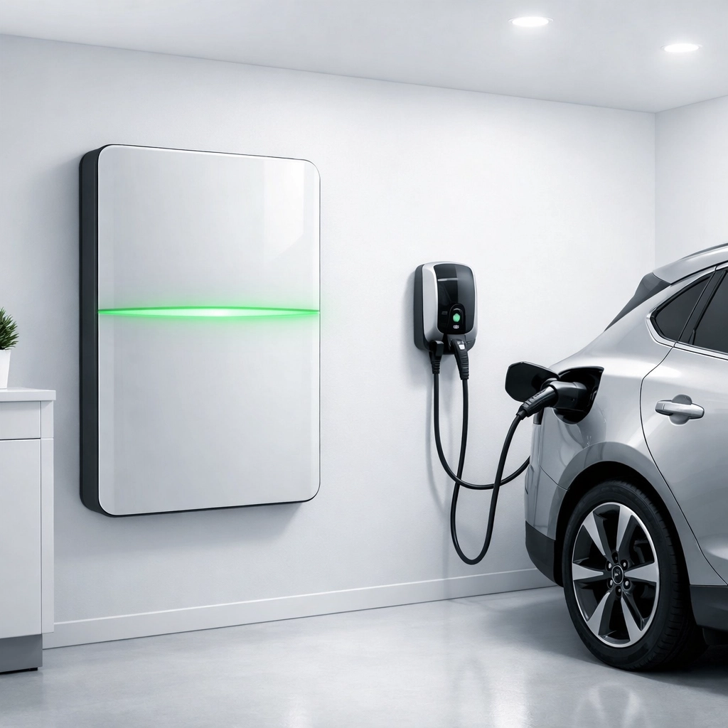 Wall-mounted solar battery storage system and EV charger for a self-sufficient home.