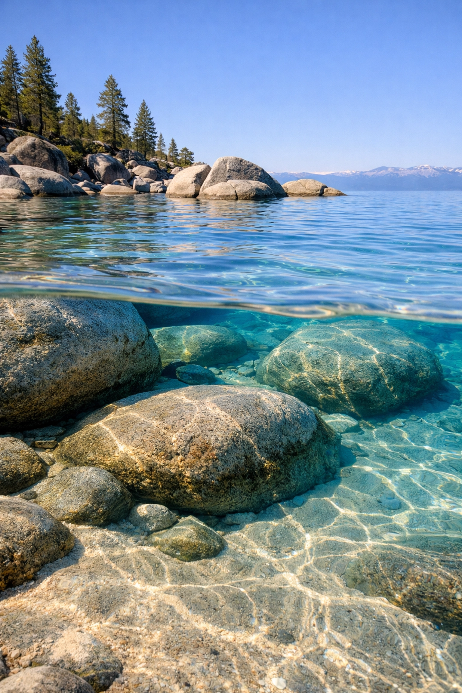 Clear turquoise water and granite boulders at Secret Cove, a premier Lake Tahoe photography spot.