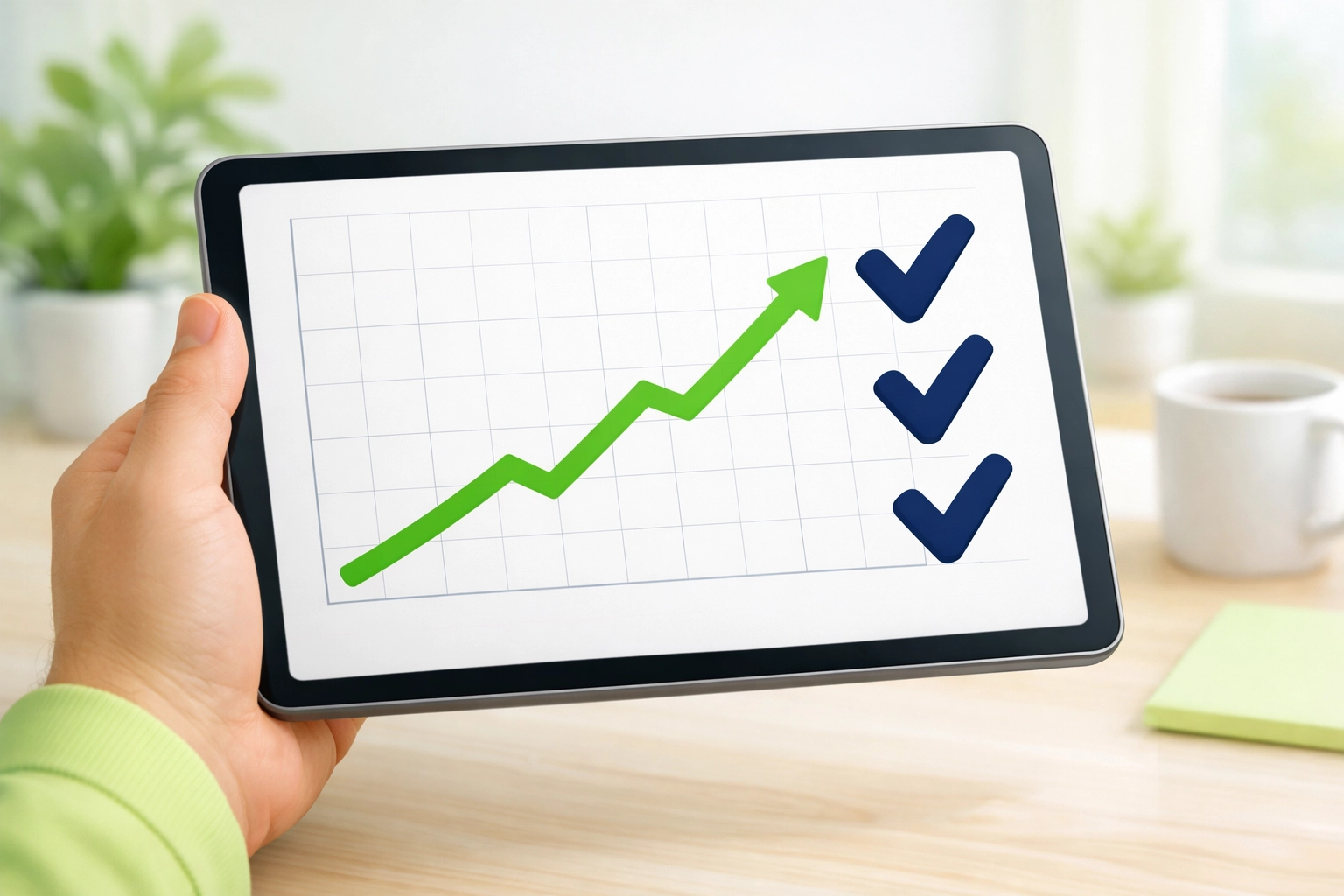 A tablet displaying a profit graph and checkmarks for tracking a football betting system's performance and value.